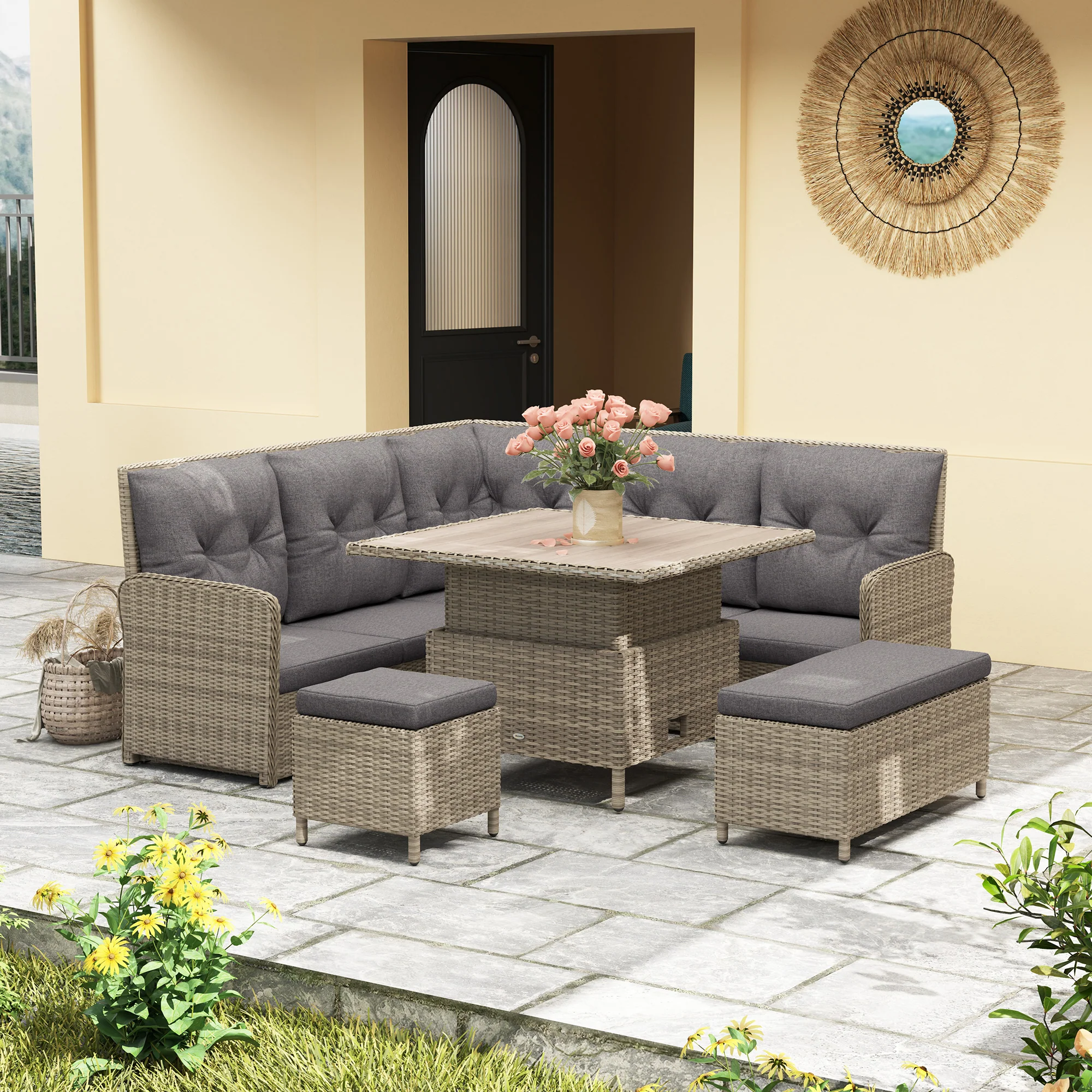 6 Pieces PE Rattan Sectional Corner Sofa w/ Padded Cushion & Liftable Coffee Table, Light Grey - Image 3