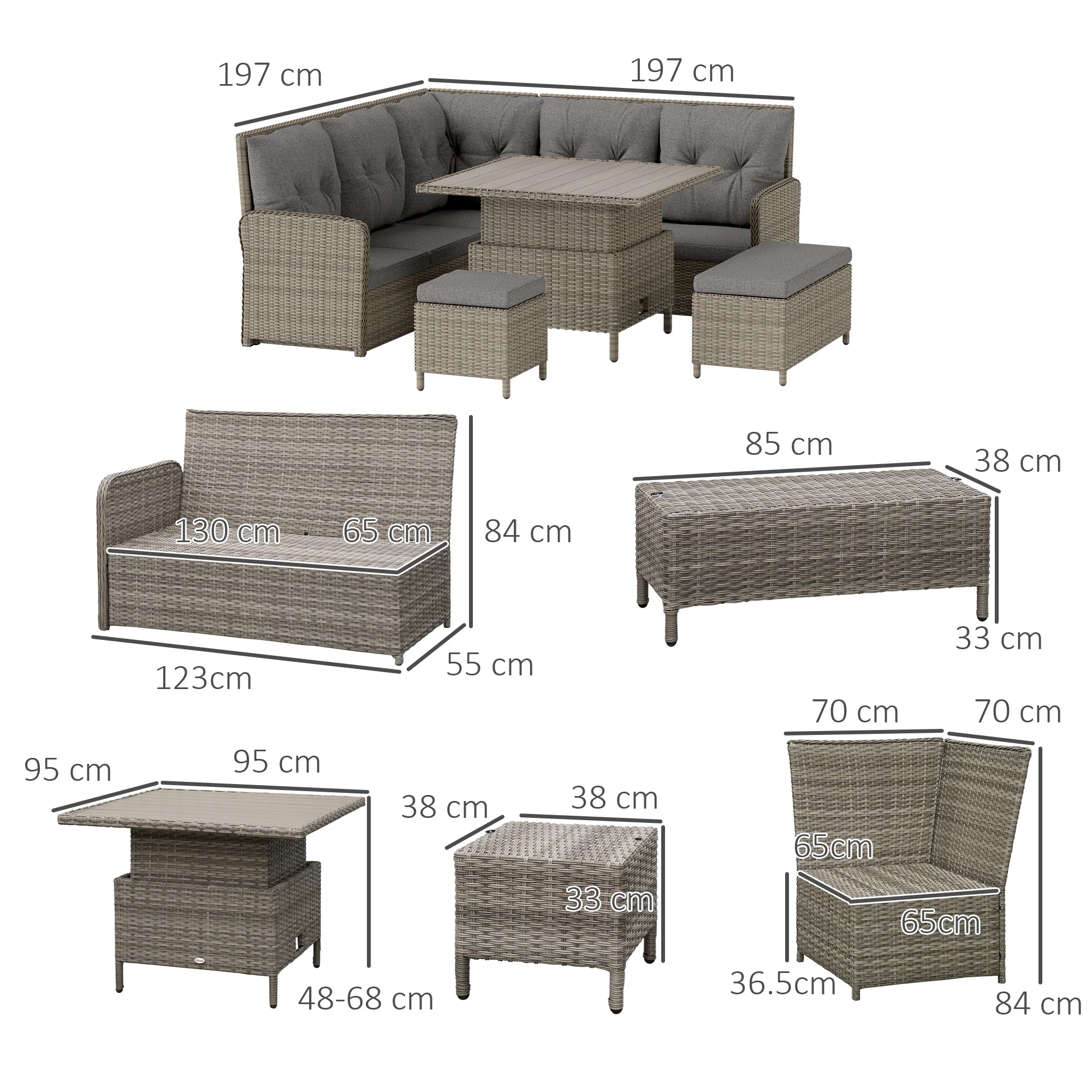 6 Pieces PE Rattan Sectional Corner Sofa w/ Padded Cushion & Liftable Coffee Table, Light Grey - Image 5