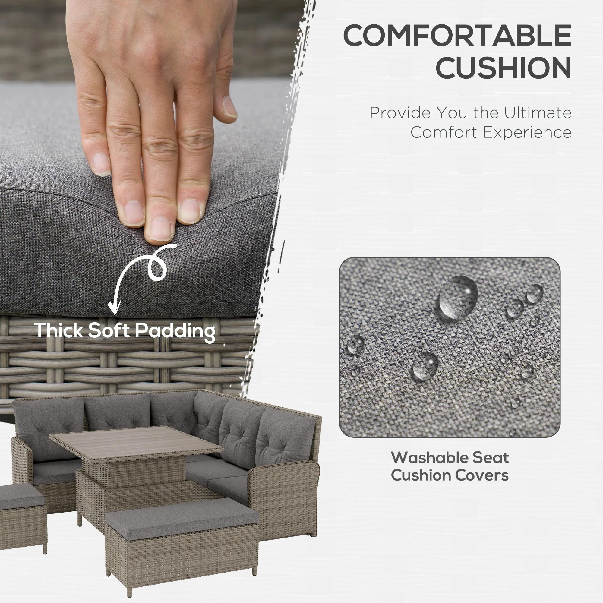 6 Pieces PE Rattan Sectional Corner Sofa w/ Padded Cushion & Liftable Coffee Table, Light Grey - Image 6