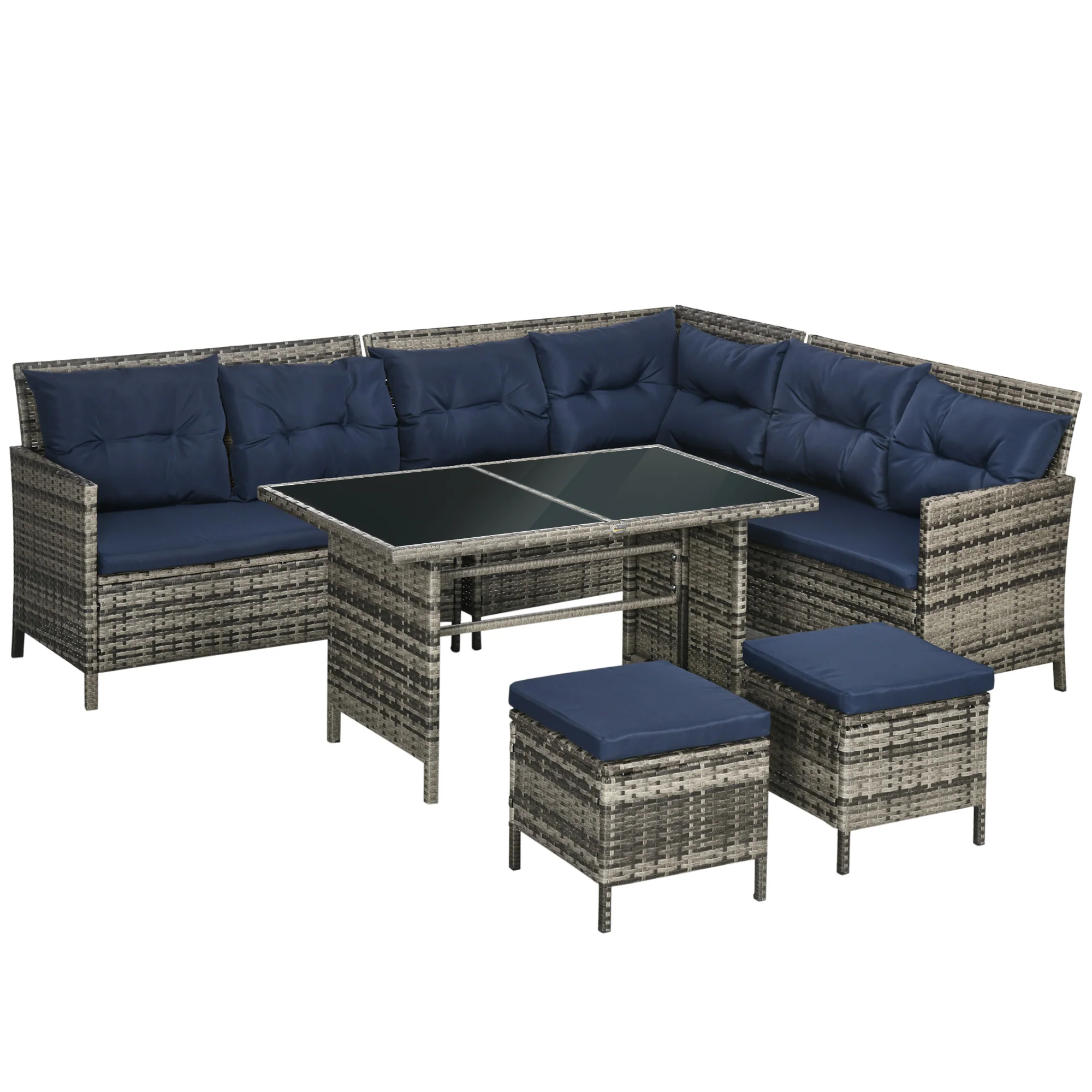 6-Piece Outdoor Rattan Sectional Sofa Set with Dining Table, Dark Blue Cushions