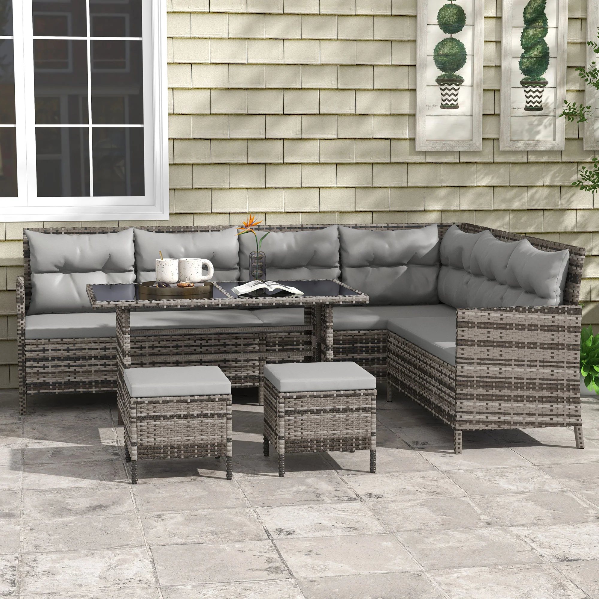 6-Piece Outdoor Rattan Sectional Sofa Set with Dining Table, Grey - Image 3