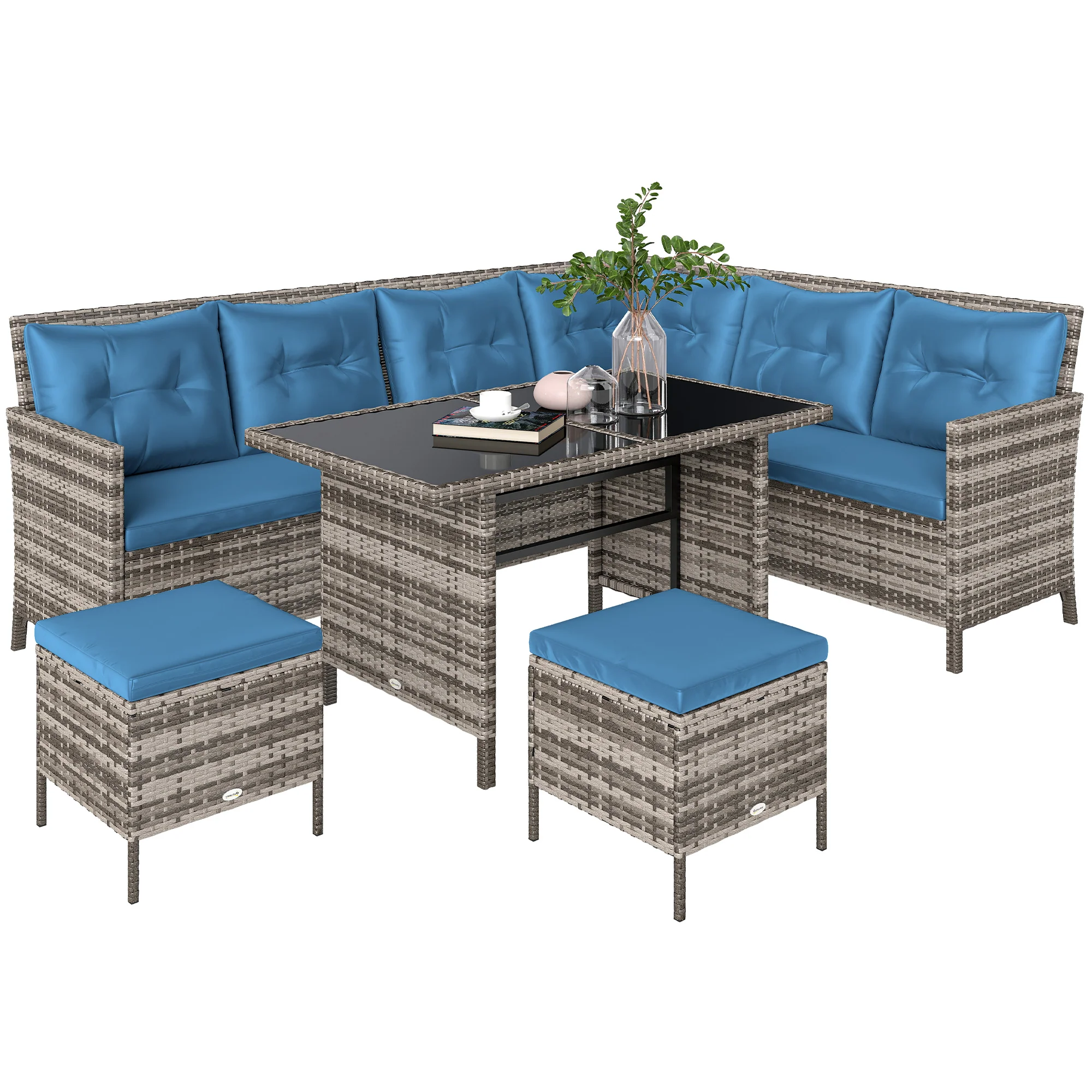 6-Piece Outdoor Rattan Sectional Sofa Set with Dining Table, Blue
