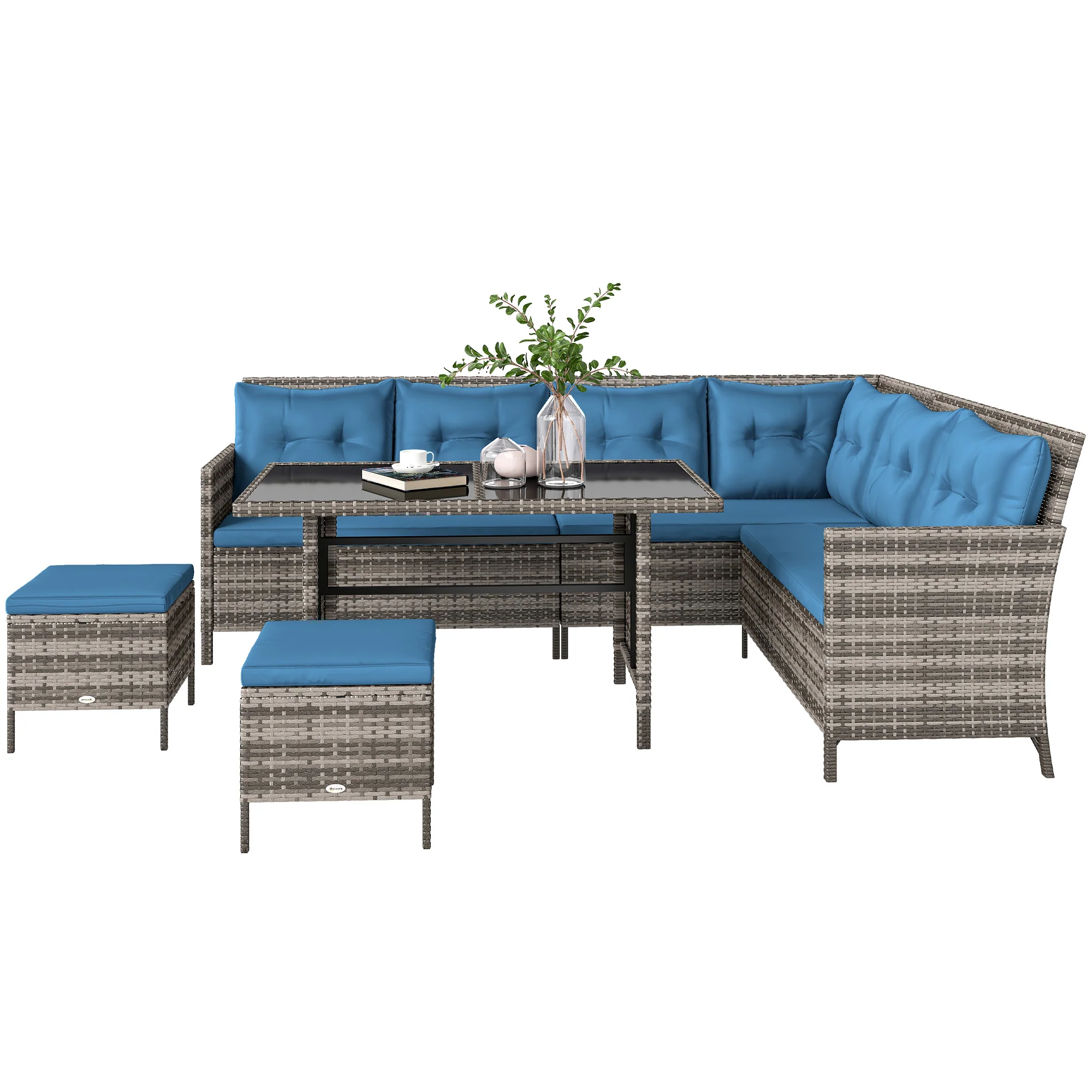 6-Piece Outdoor Rattan Sectional Sofa Set with Dining Table, Blue - Image 2