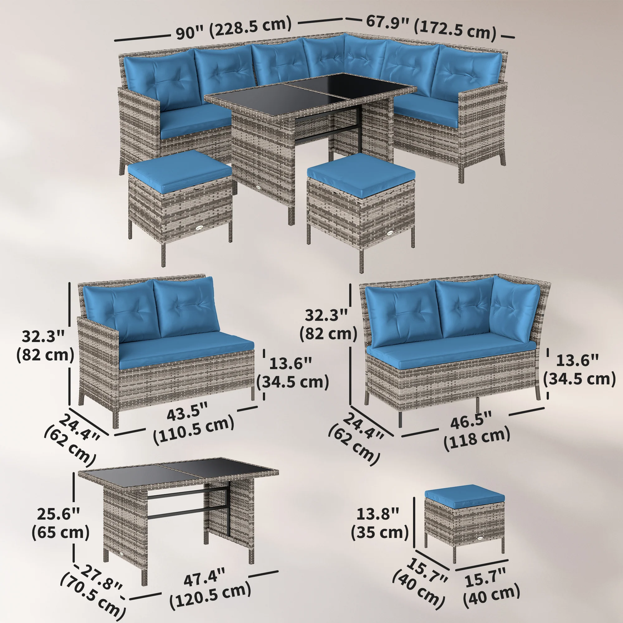 6-Piece Outdoor Rattan Sectional Sofa Set with Dining Table, Blue - Image 5