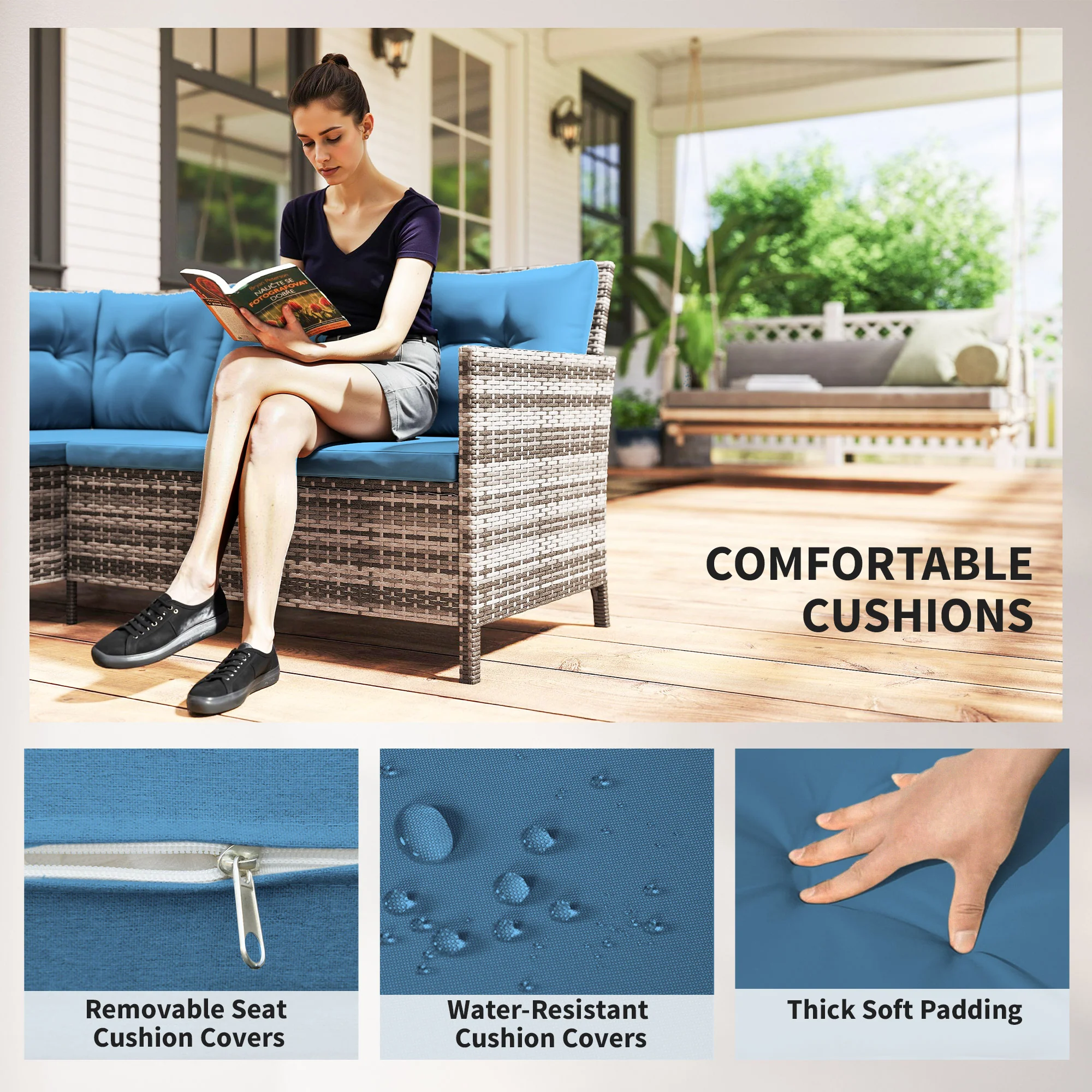 6-Piece Outdoor Rattan Sectional Sofa Set with Dining Table, Blue - Image 8