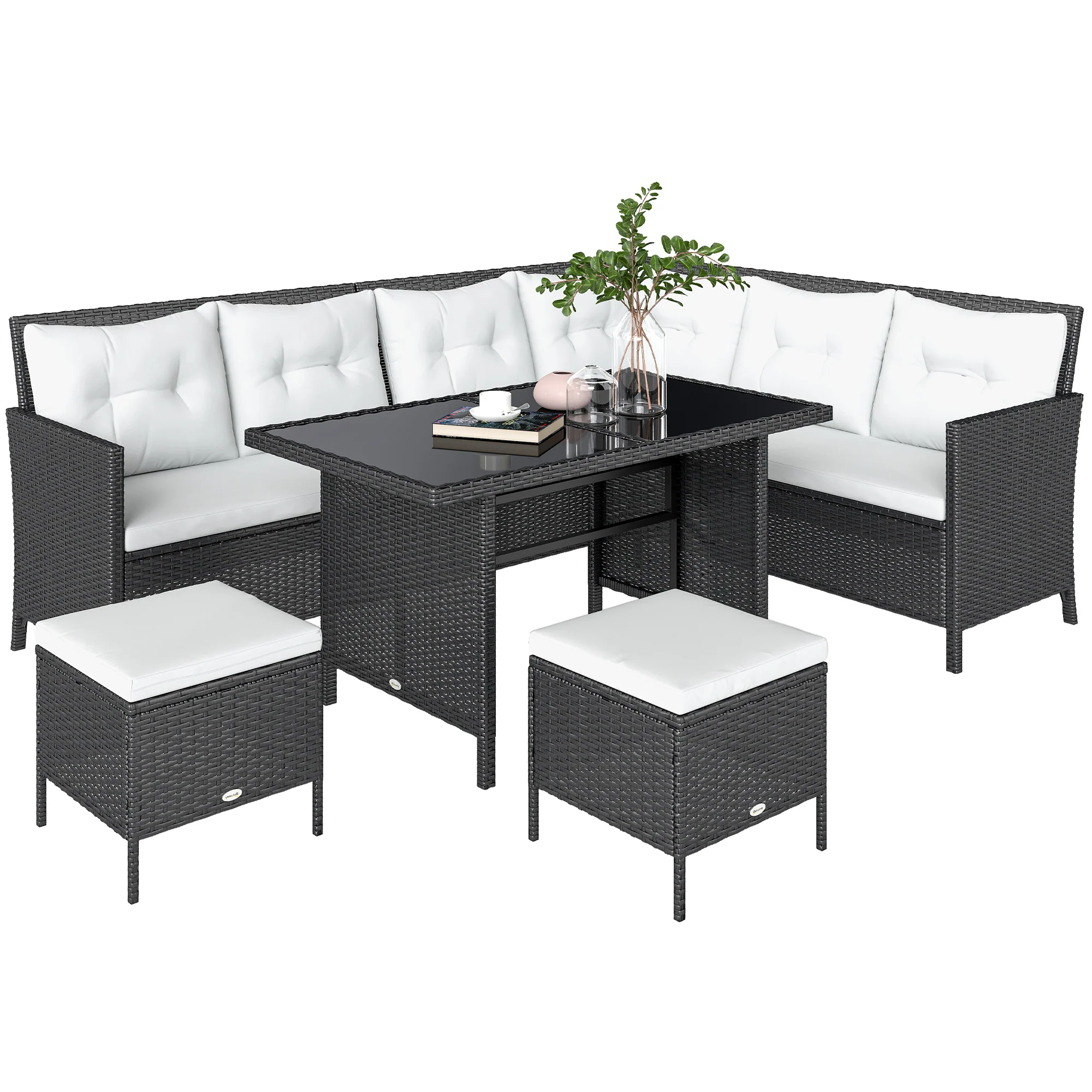 6-Piece Outdoor Rattan Sofa Set with Dining Table and Cushions, White