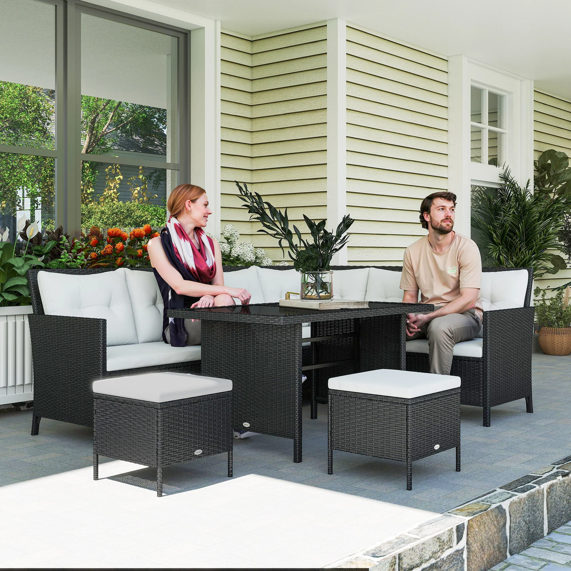 6-Piece Outdoor Rattan Sofa Set with Dining Table and Cushions, White - Image 11