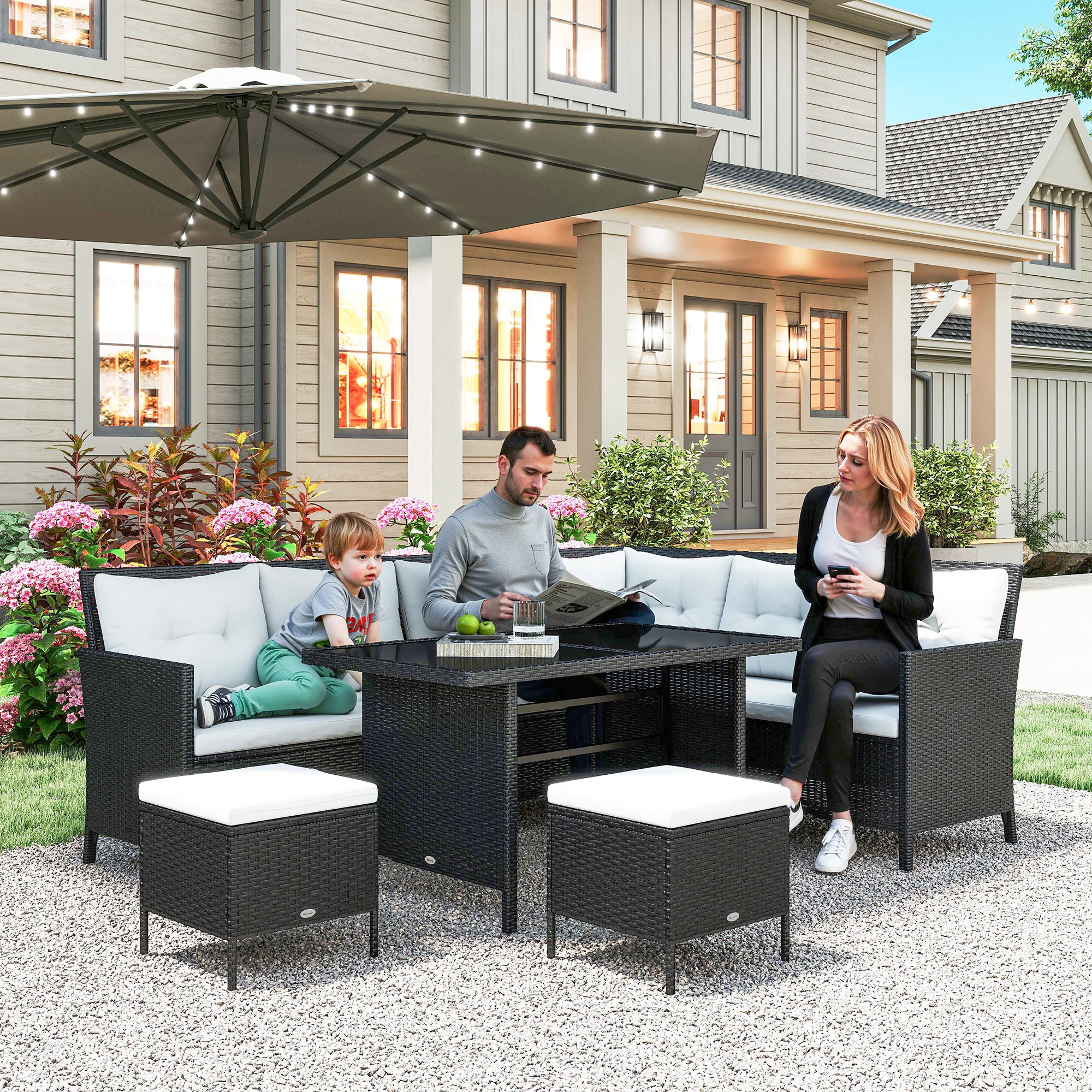 6-Piece Outdoor Rattan Sofa Set with Dining Table and Cushions, White - Image 3