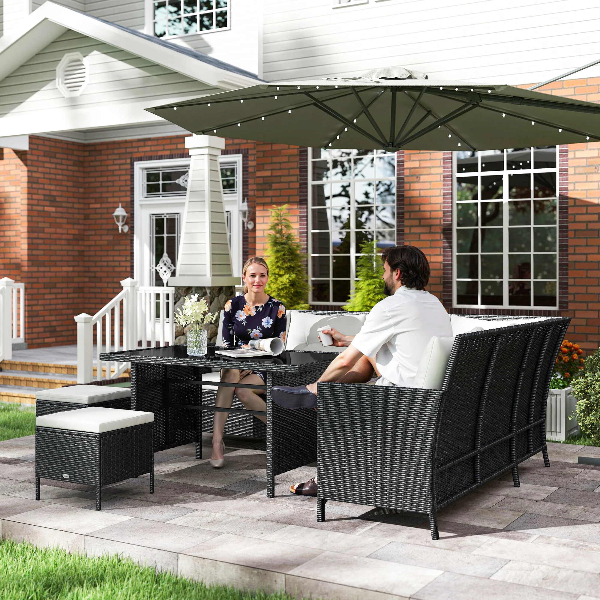 6-Piece Outdoor Rattan Sofa Set with Dining Table and Cushions, White - Image 4