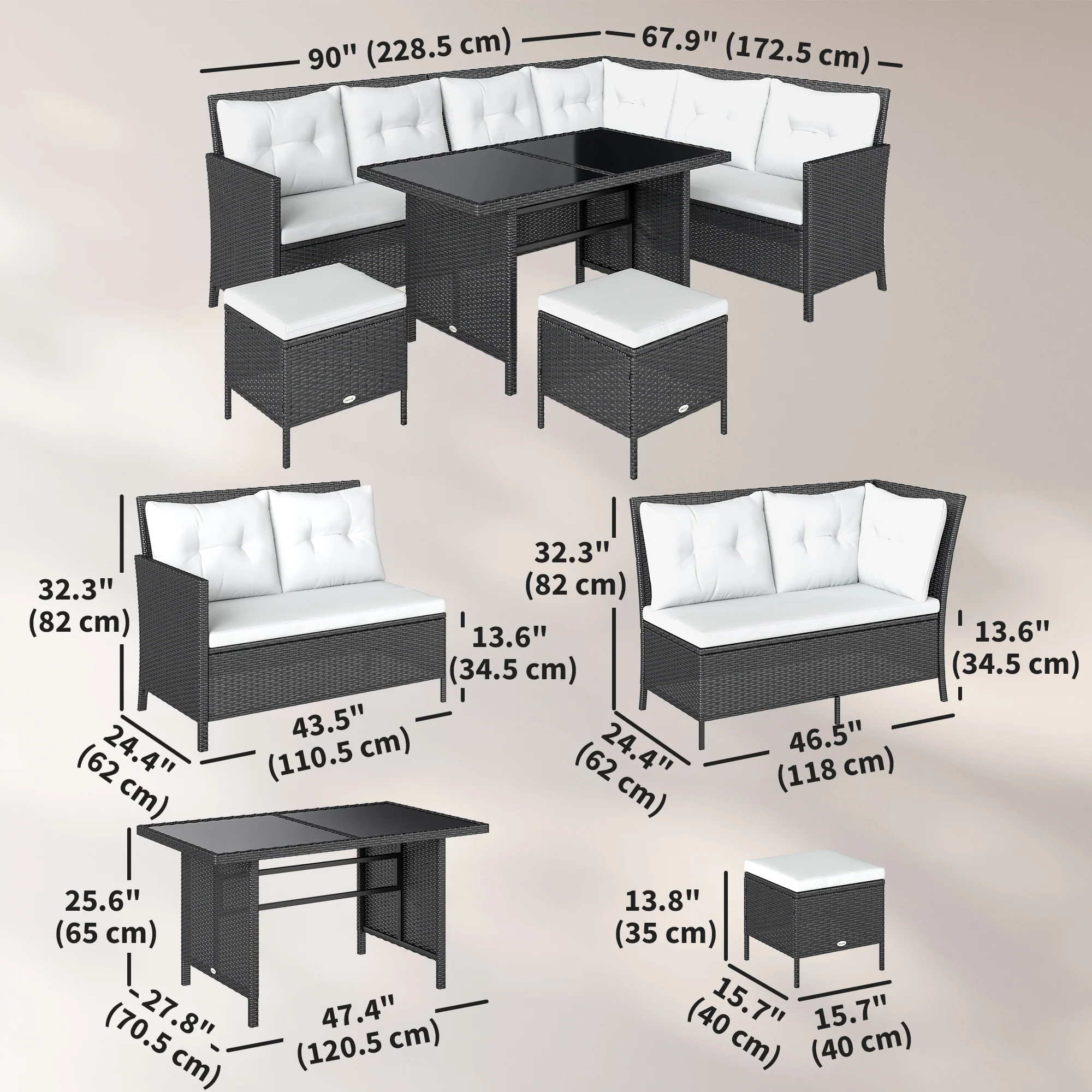 6-Piece Outdoor Rattan Sofa Set with Dining Table and Cushions, White - Image 5