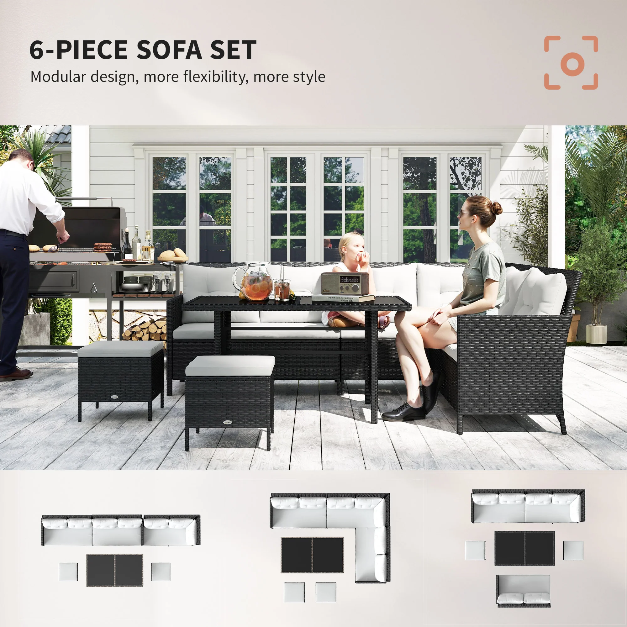 6-Piece Outdoor Rattan Sofa Set with Dining Table and Cushions, White - Image 6
