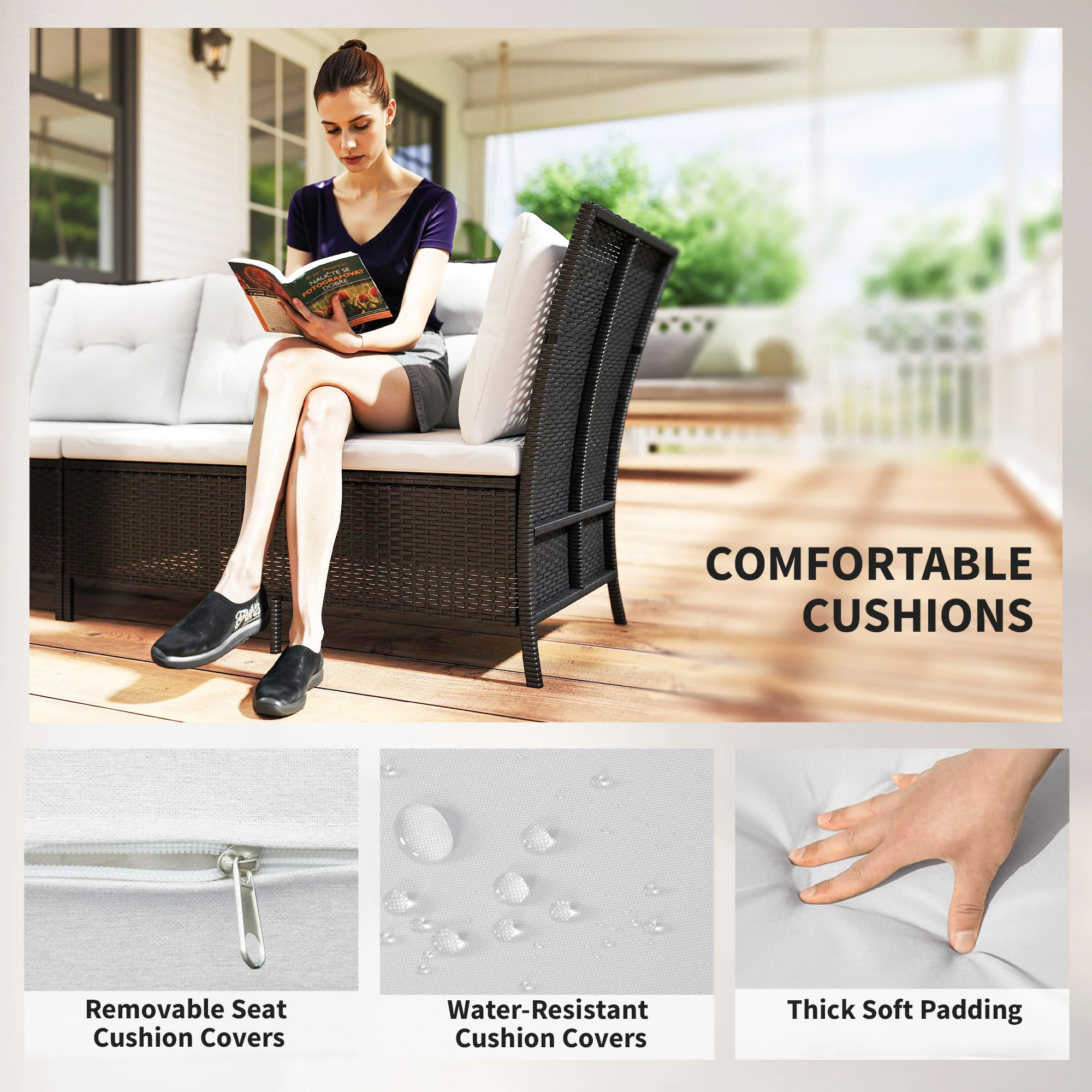 6-Piece Outdoor Rattan Sofa Set with Dining Table and Cushions, White - Image 8