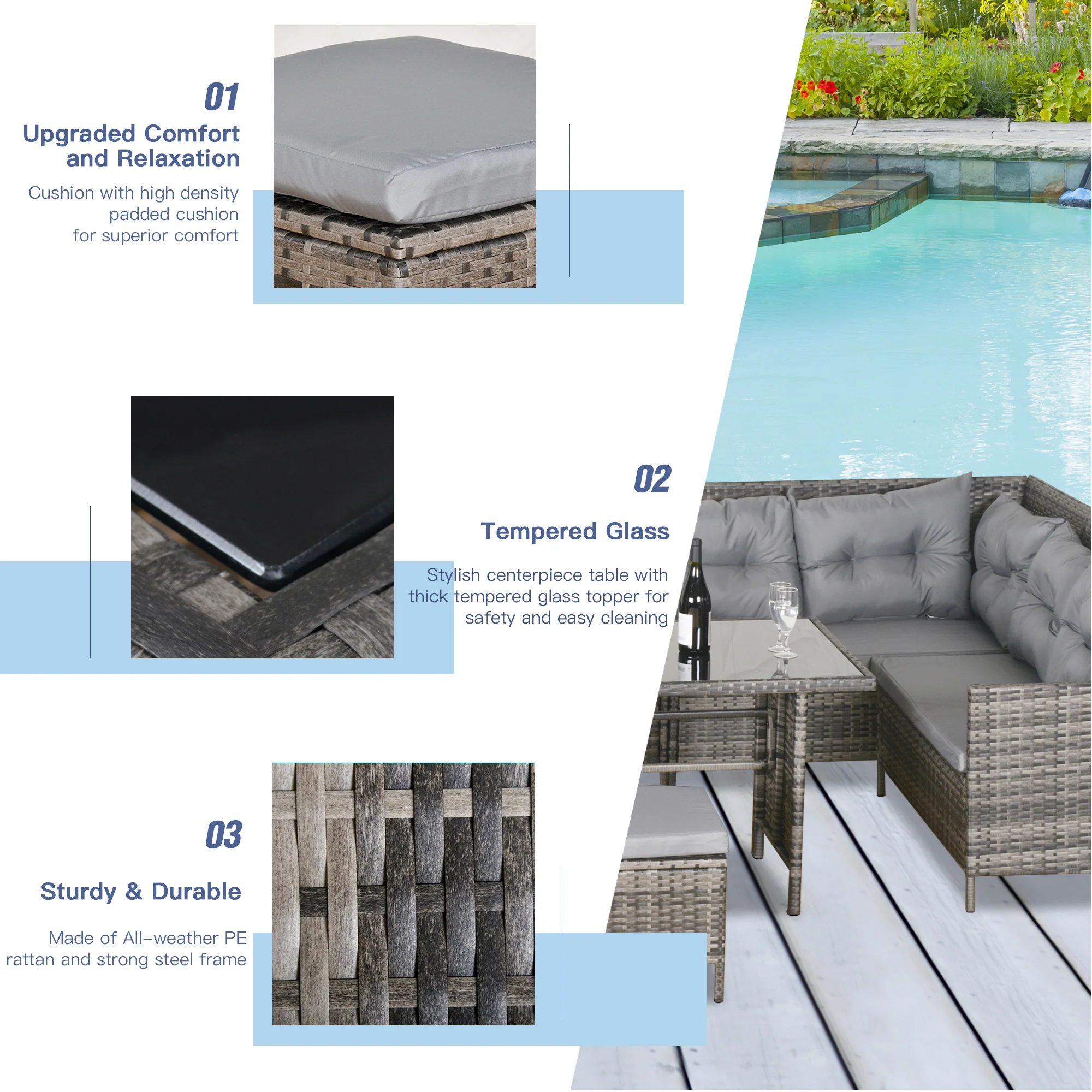 6-Piece Outdoor Rattan Sectional Sofa Set with Dining Table and Cushions, Dark Grey - Image 9