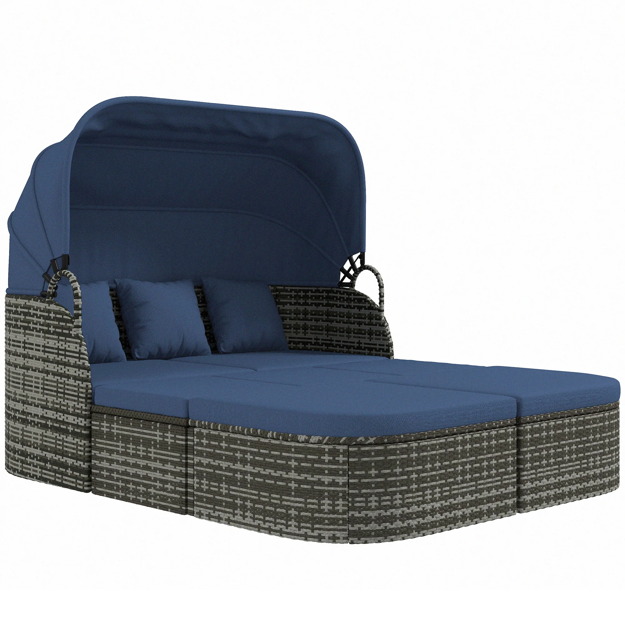 6-Piece PE Rattan Daybed Set with Canopy, Stools & Lift-Top Table, Navy Blue