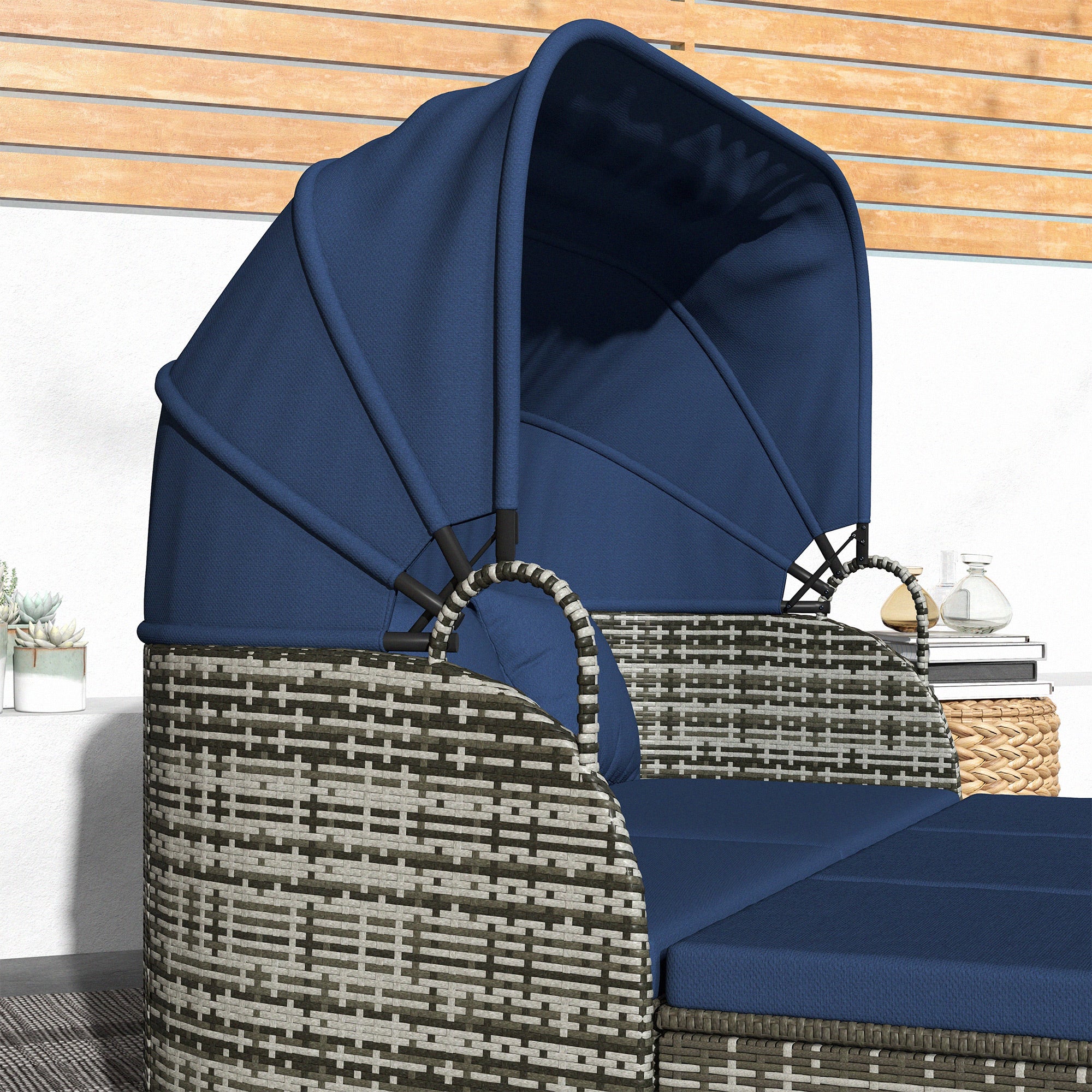 6-Piece PE Rattan Daybed Set with Canopy, Stools & Lift-Top Table, Navy Blue - Image 10