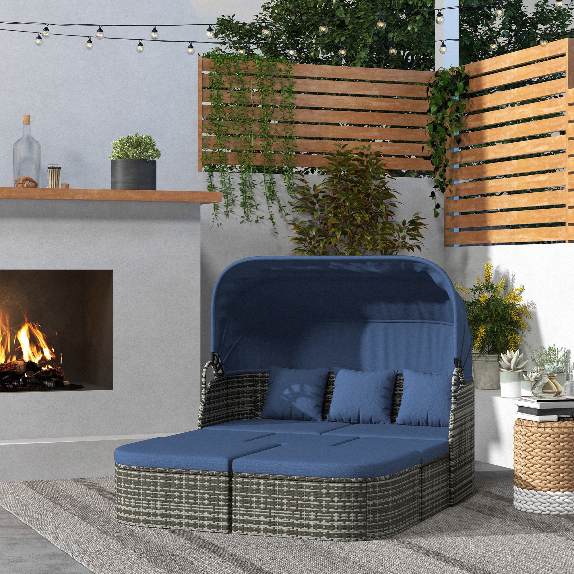 6-Piece PE Rattan Daybed Set with Canopy, Stools & Lift-Top Table, Navy Blue - Image 3