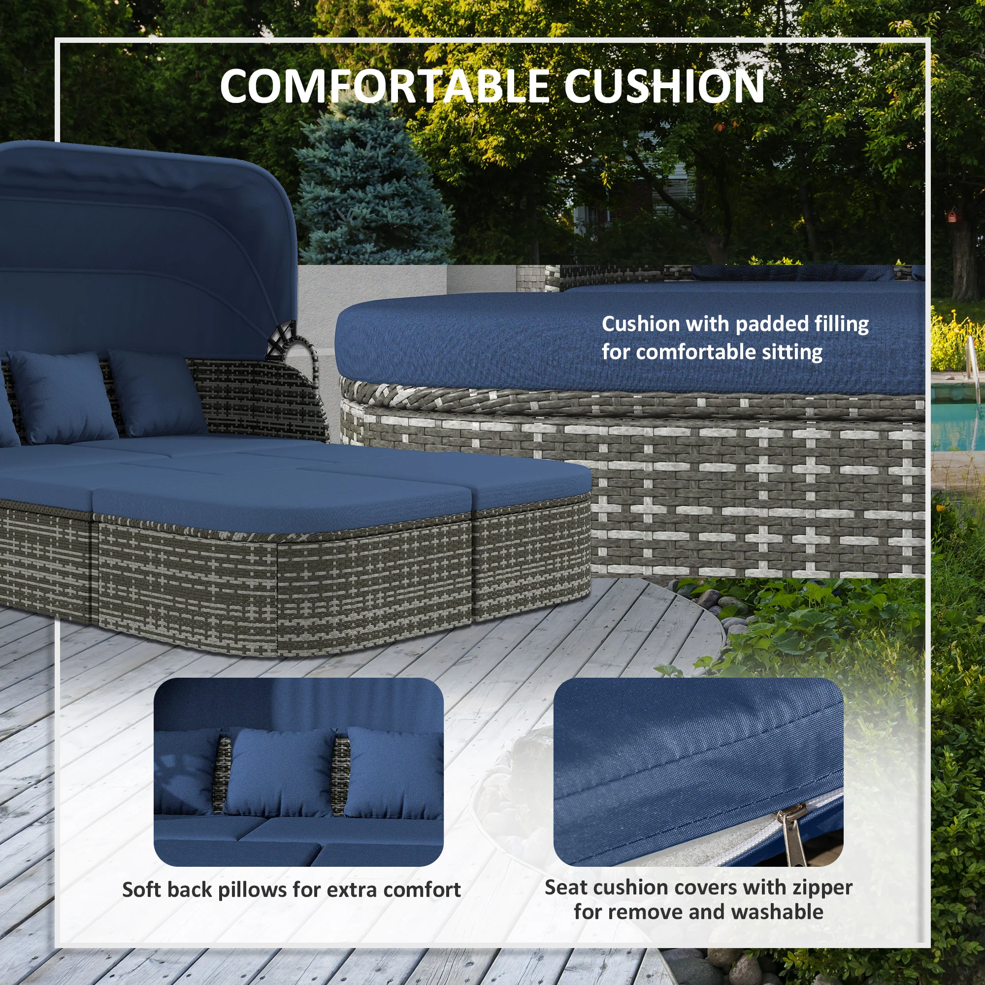 6-Piece PE Rattan Daybed Set with Canopy, Stools & Lift-Top Table, Navy Blue - Image 8