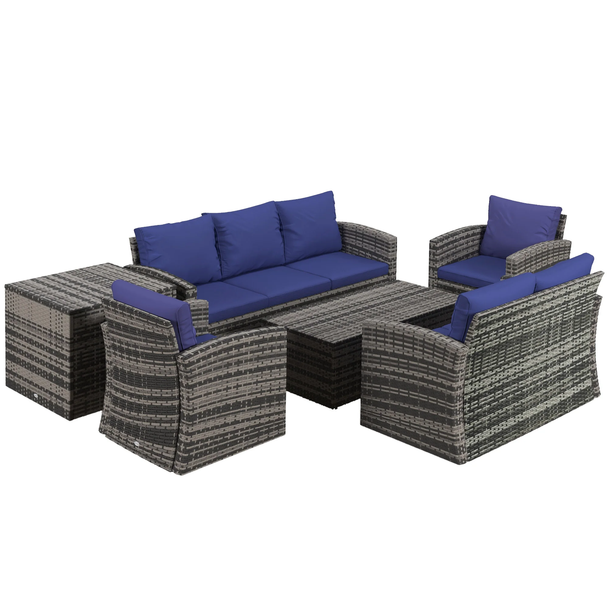 6 Pieces Rattan Sectional Garden Sofa Set with Storage Tea Table & Side Table, Navy Blue