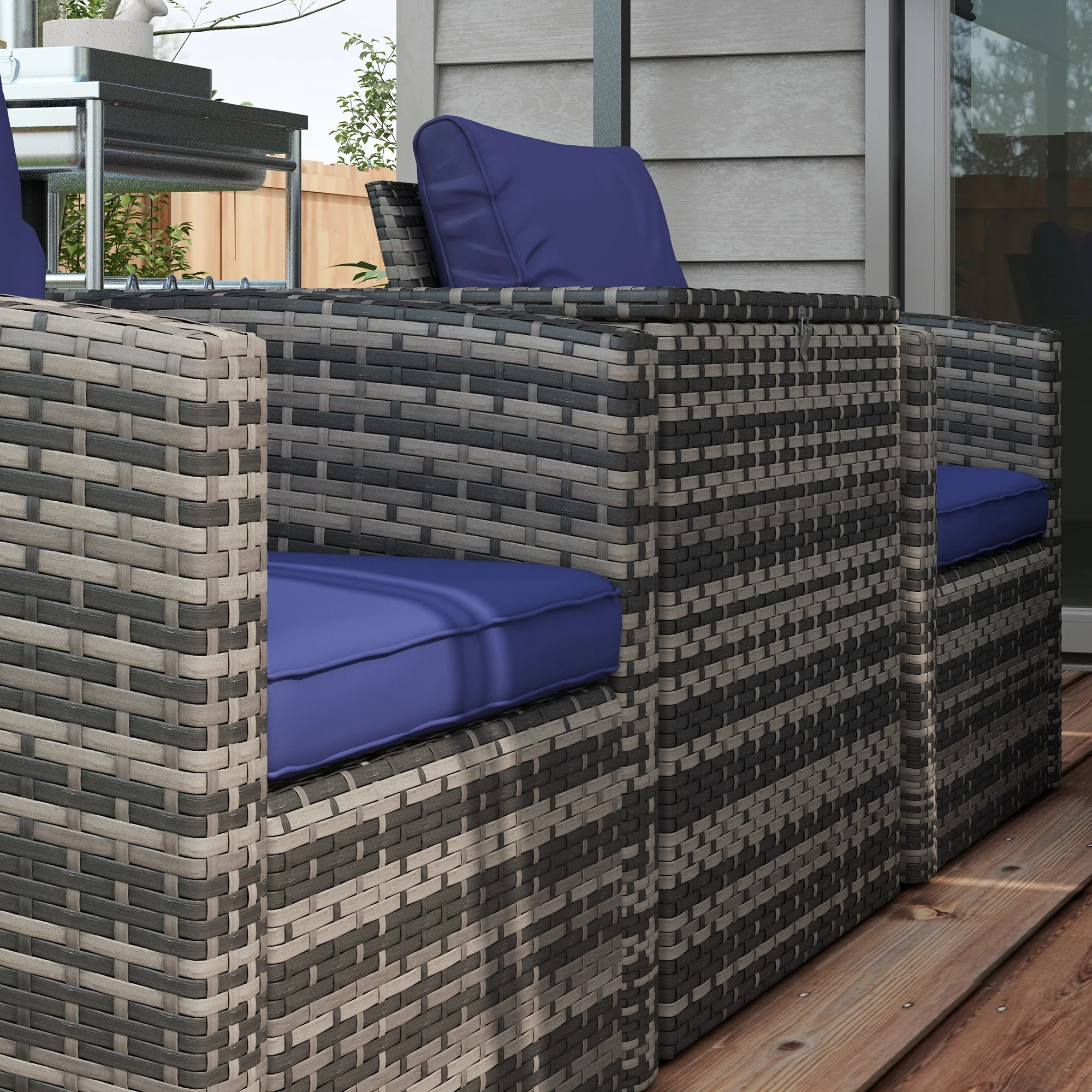 6 Pieces Rattan Sectional Garden Sofa Set with Storage Tea Table & Side Table, Navy Blue - Image 11