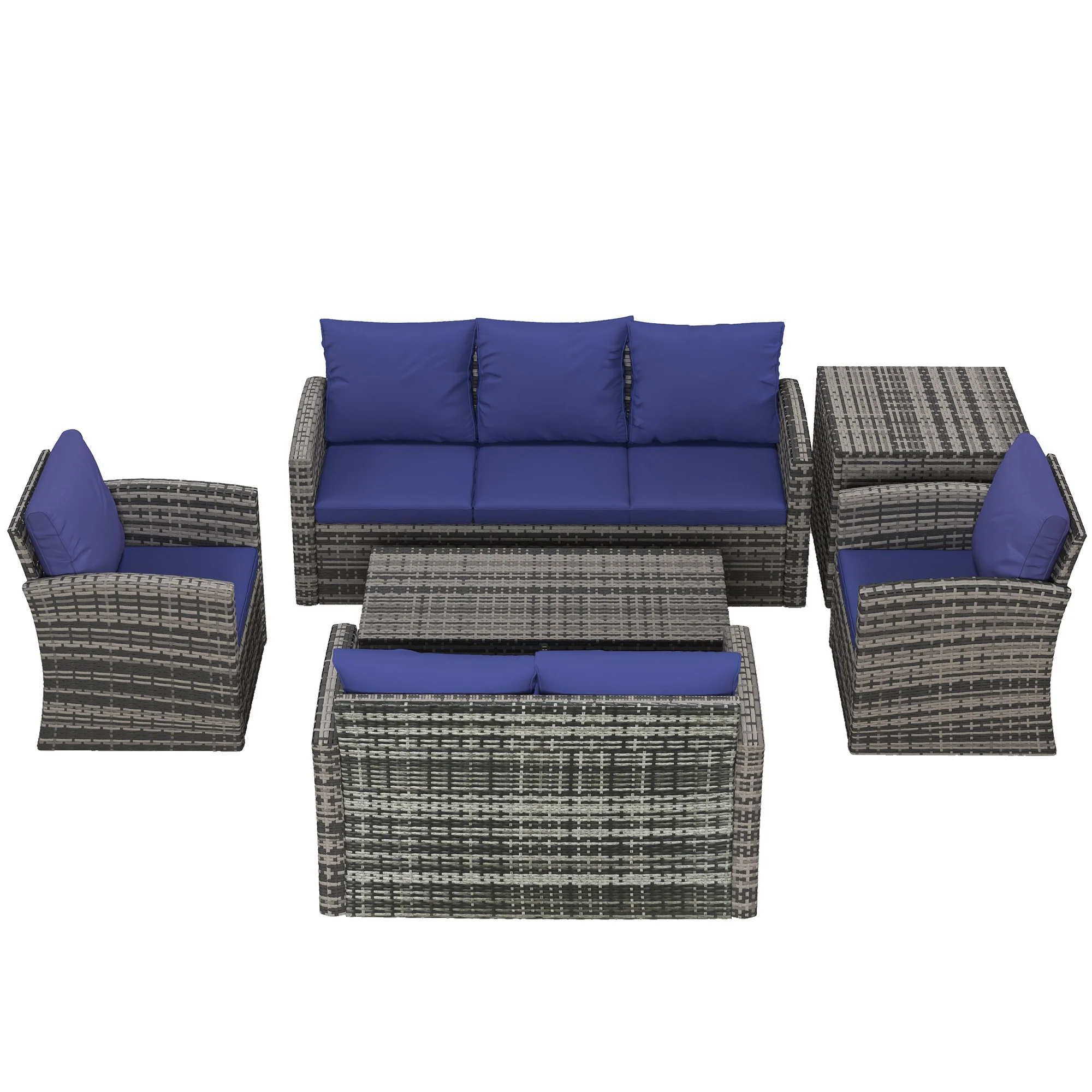 6 Pieces Rattan Sectional Garden Sofa Set with Storage Tea Table & Side Table, Navy Blue - Image 2