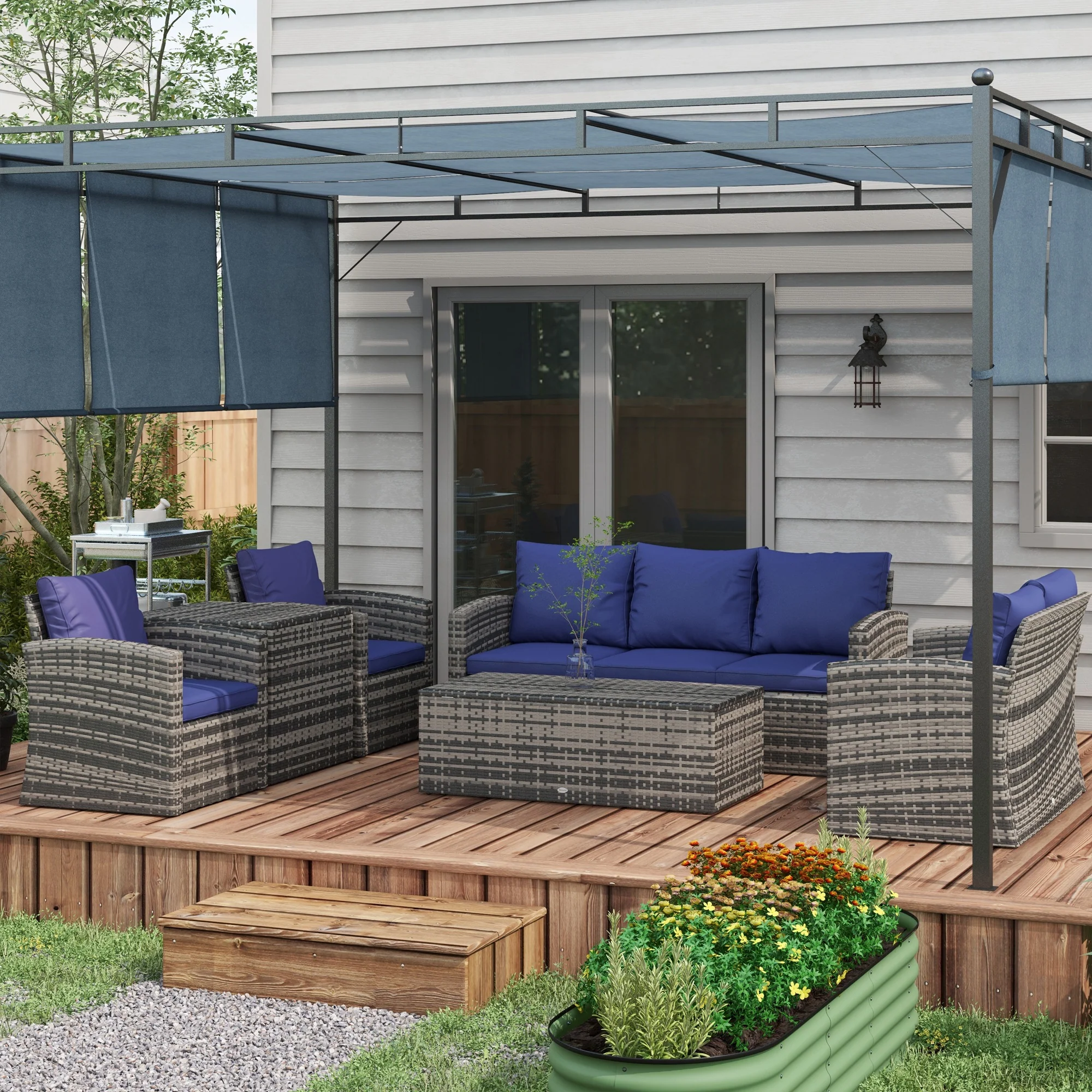 6 Pieces Rattan Sectional Garden Sofa Set with Storage Tea Table & Side Table, Navy Blue - Image 3
