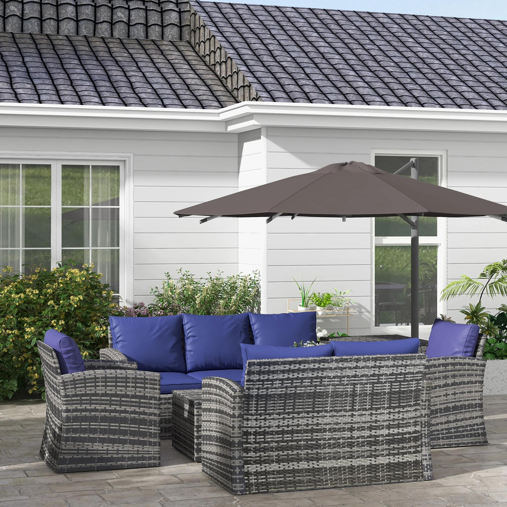 6 Pieces Rattan Sectional Garden Sofa Set with Storage Tea Table & Side Table, Navy Blue - Image 4