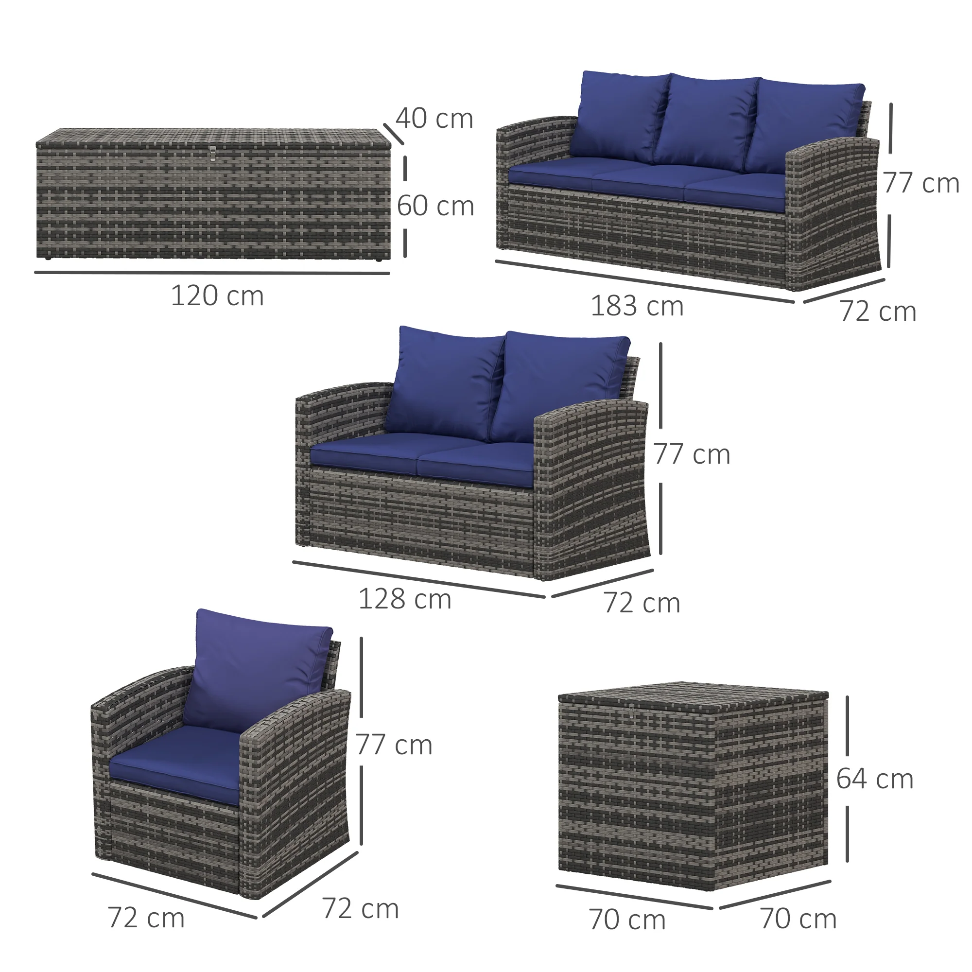 6 Pieces Rattan Sectional Garden Sofa Set with Storage Tea Table & Side Table, Navy Blue - Image 5