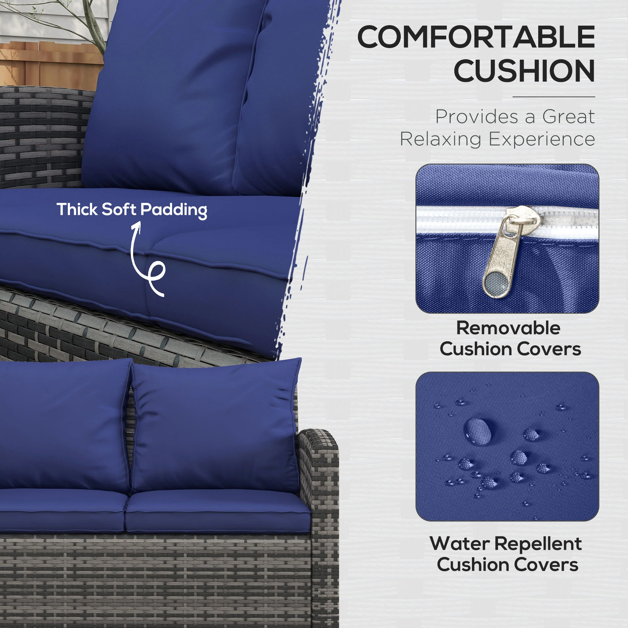 6 Pieces Rattan Sectional Garden Sofa Set with Storage Tea Table & Side Table, Navy Blue - Image 7