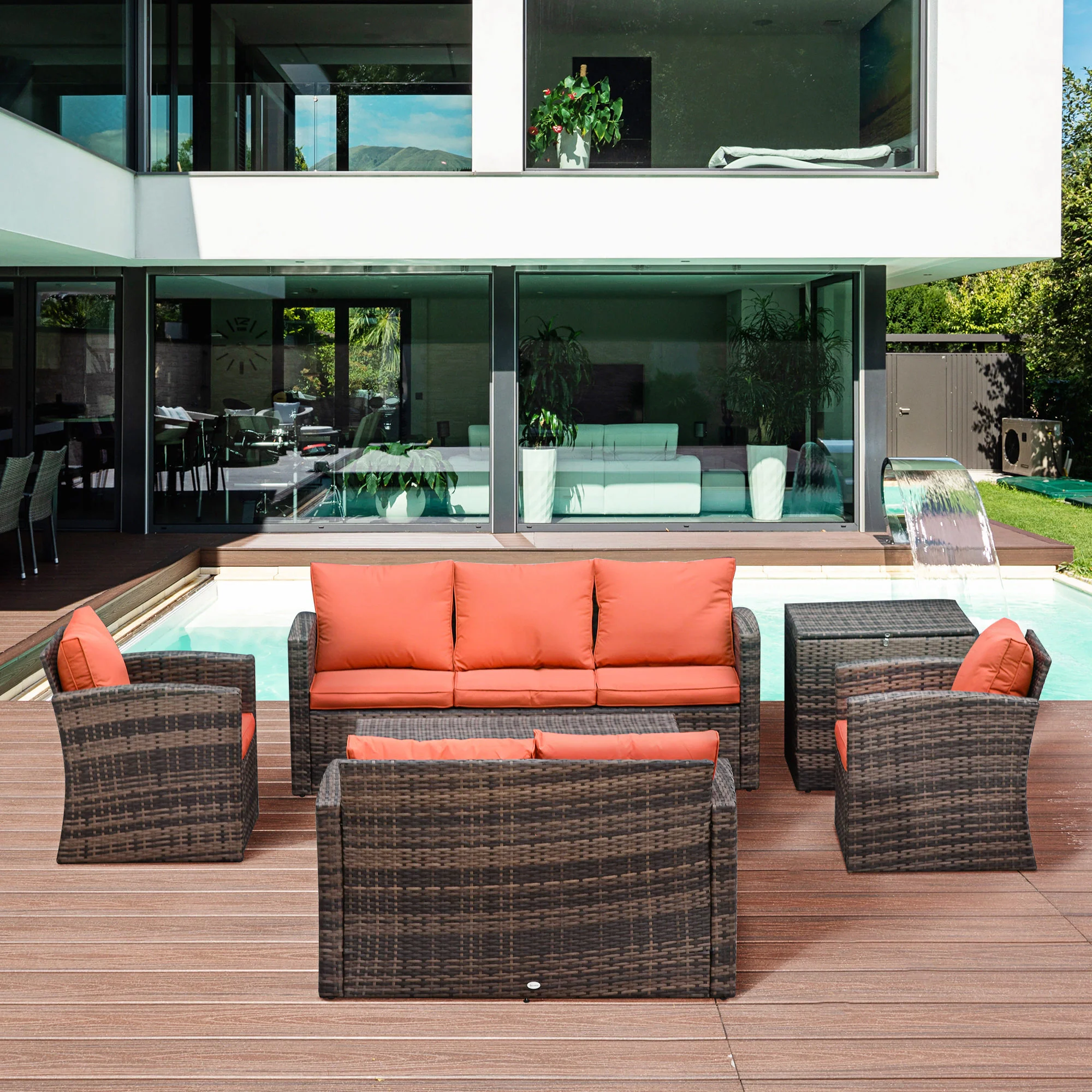 6 Pieces Rattan Sectional Garden Sofa Set with Storage Tea Table & Side Table, Orange - Image 4