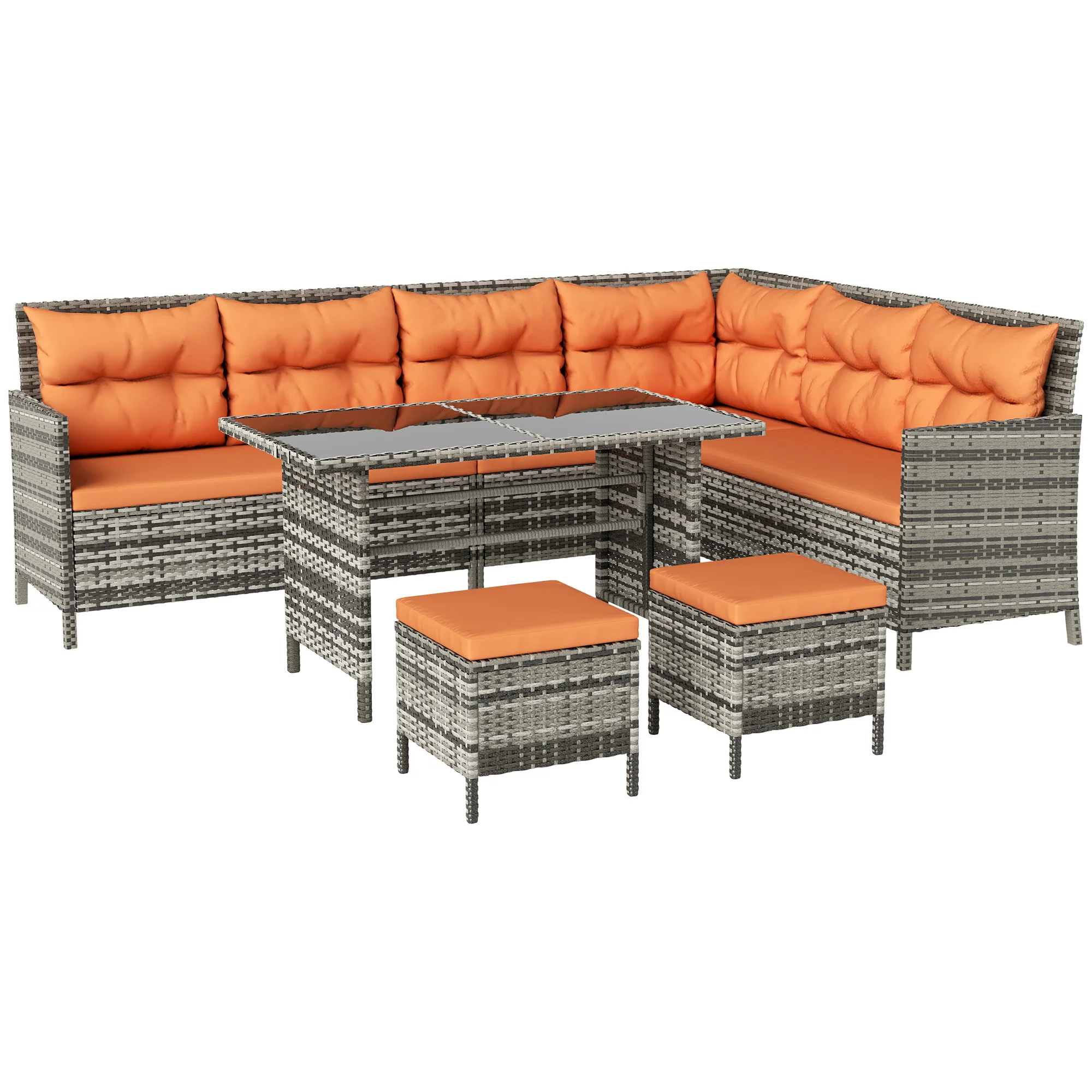 6 Pieces PE Rattan Corner Sofa Set with Loveseats, Footstools & Glass Coffee Table, Orange - Image 2