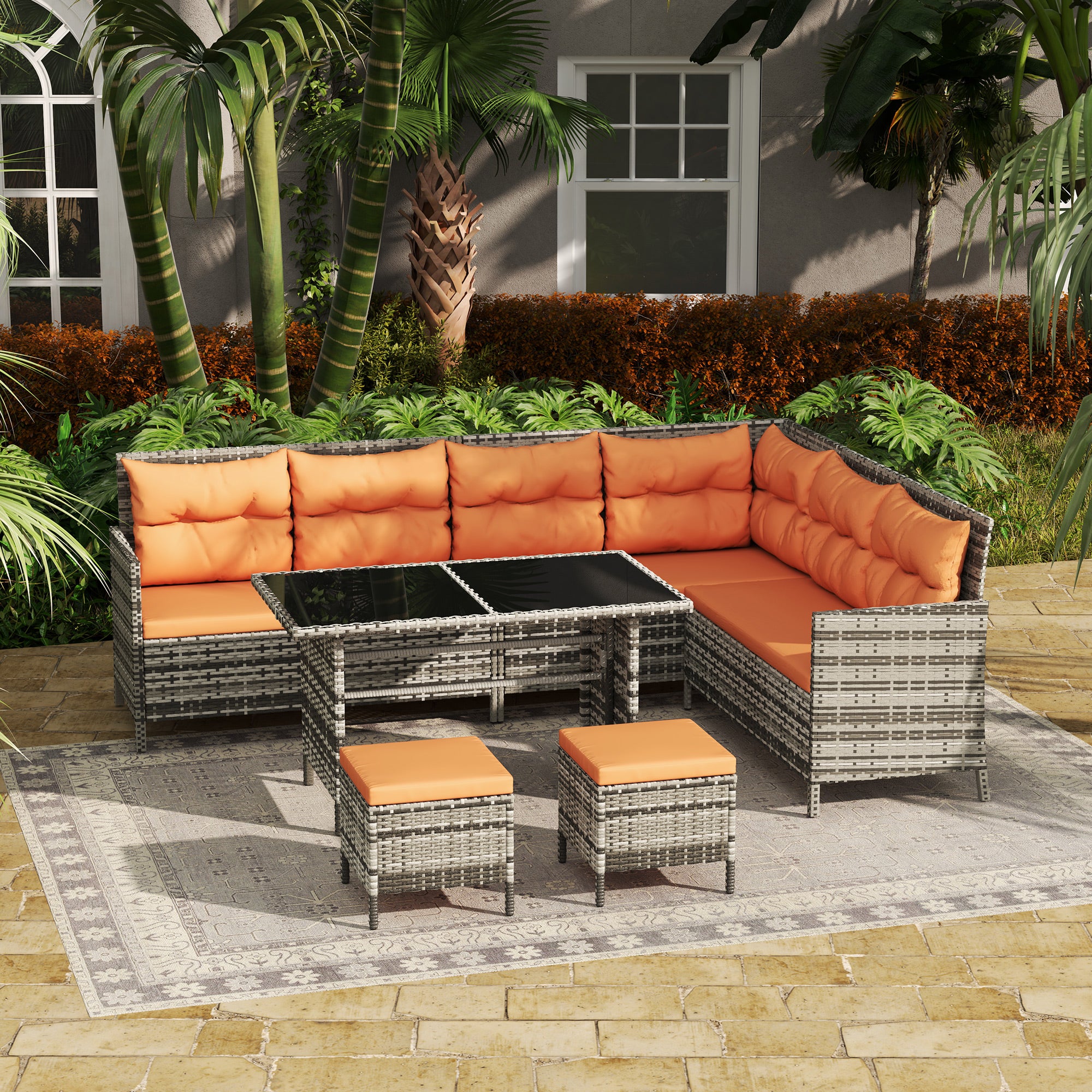 6 Pieces PE Rattan Corner Sofa Set with Loveseats, Footstools & Glass Coffee Table, Orange - Image 4