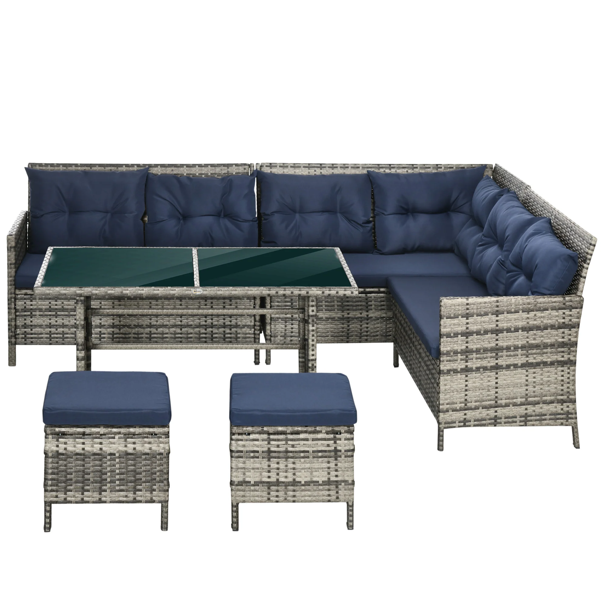 6 Pieces PE Rattan Corner Sofa Set with Loveseats, Footstools & Glass Coffee Table, Dark Blue - Image 2