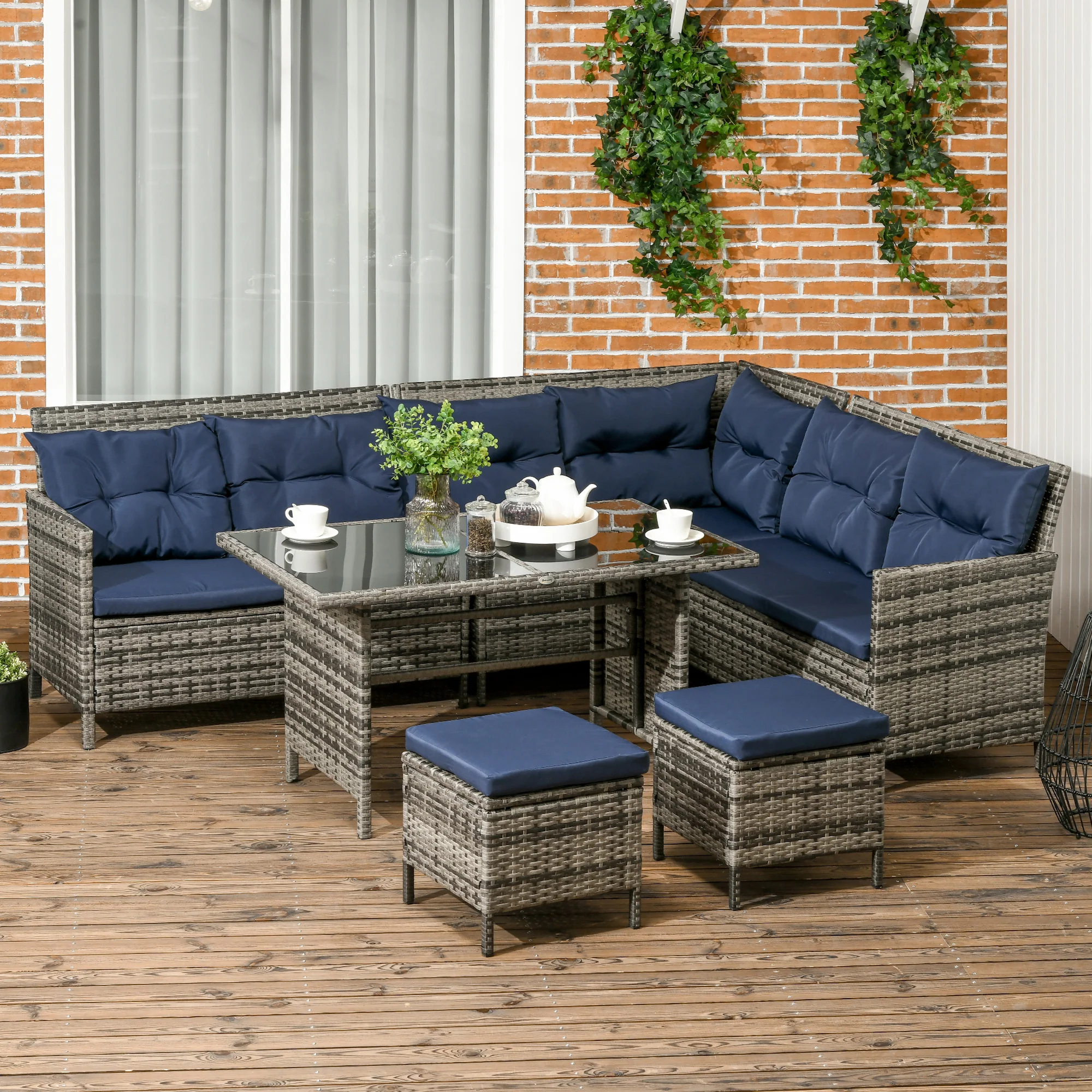 6 Pieces PE Rattan Corner Sofa Set with Loveseats, Footstools & Glass Coffee Table, Dark Blue - Image 3