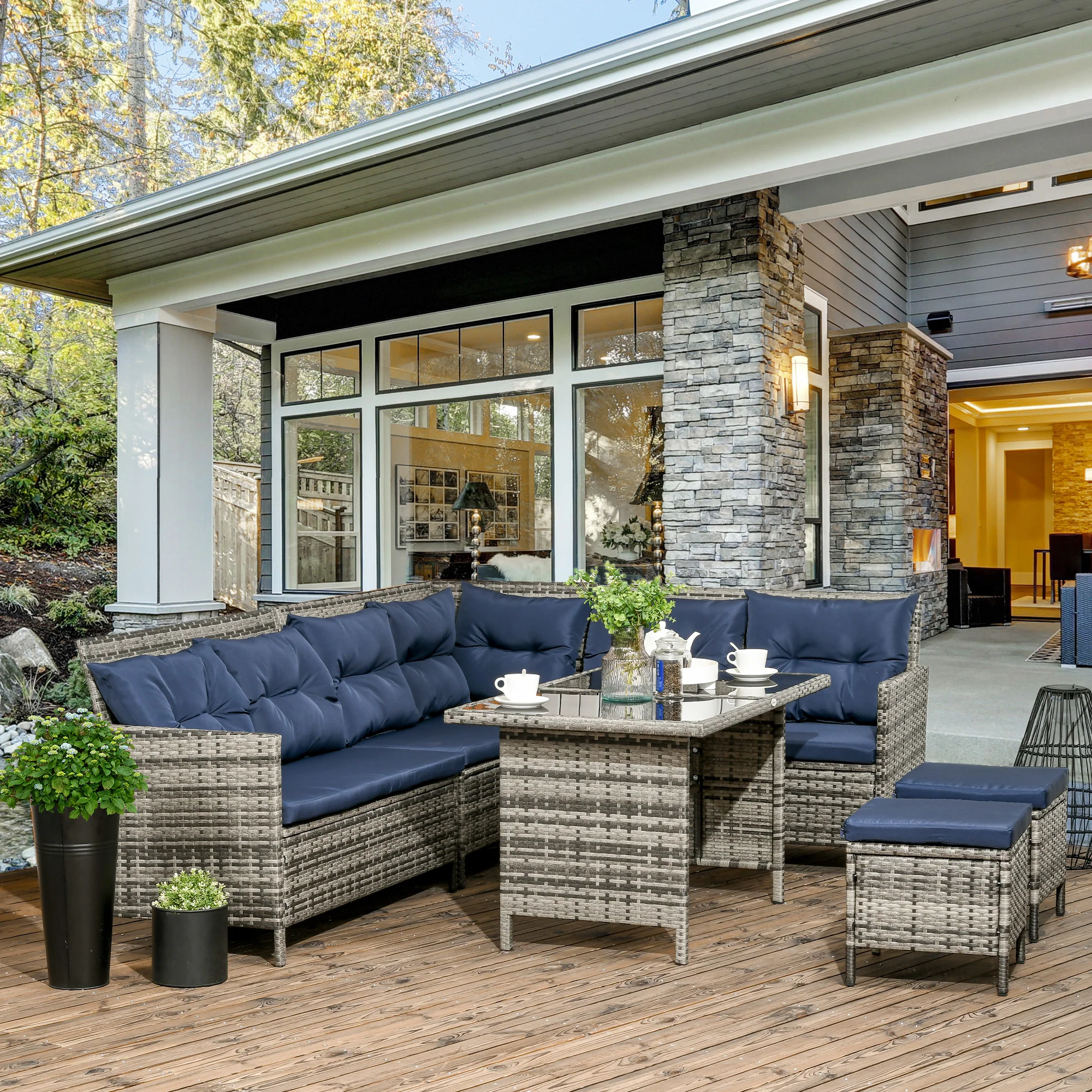 6 Pieces PE Rattan Corner Sofa Set with Loveseats, Footstools & Glass Coffee Table, Dark Blue - Image 4
