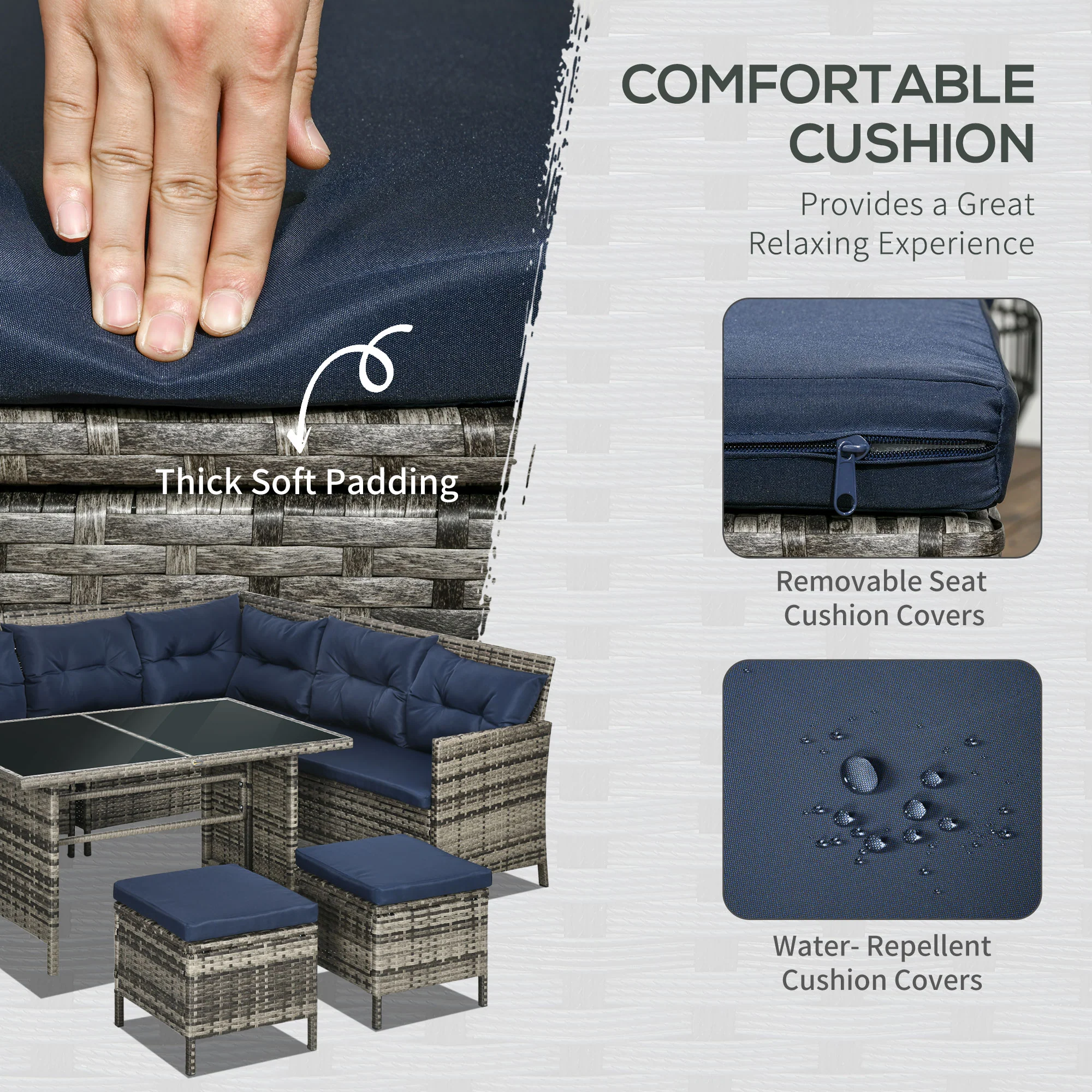 6 Pieces PE Rattan Corner Sofa Set with Loveseats, Footstools & Glass Coffee Table, Dark Blue - Image 7