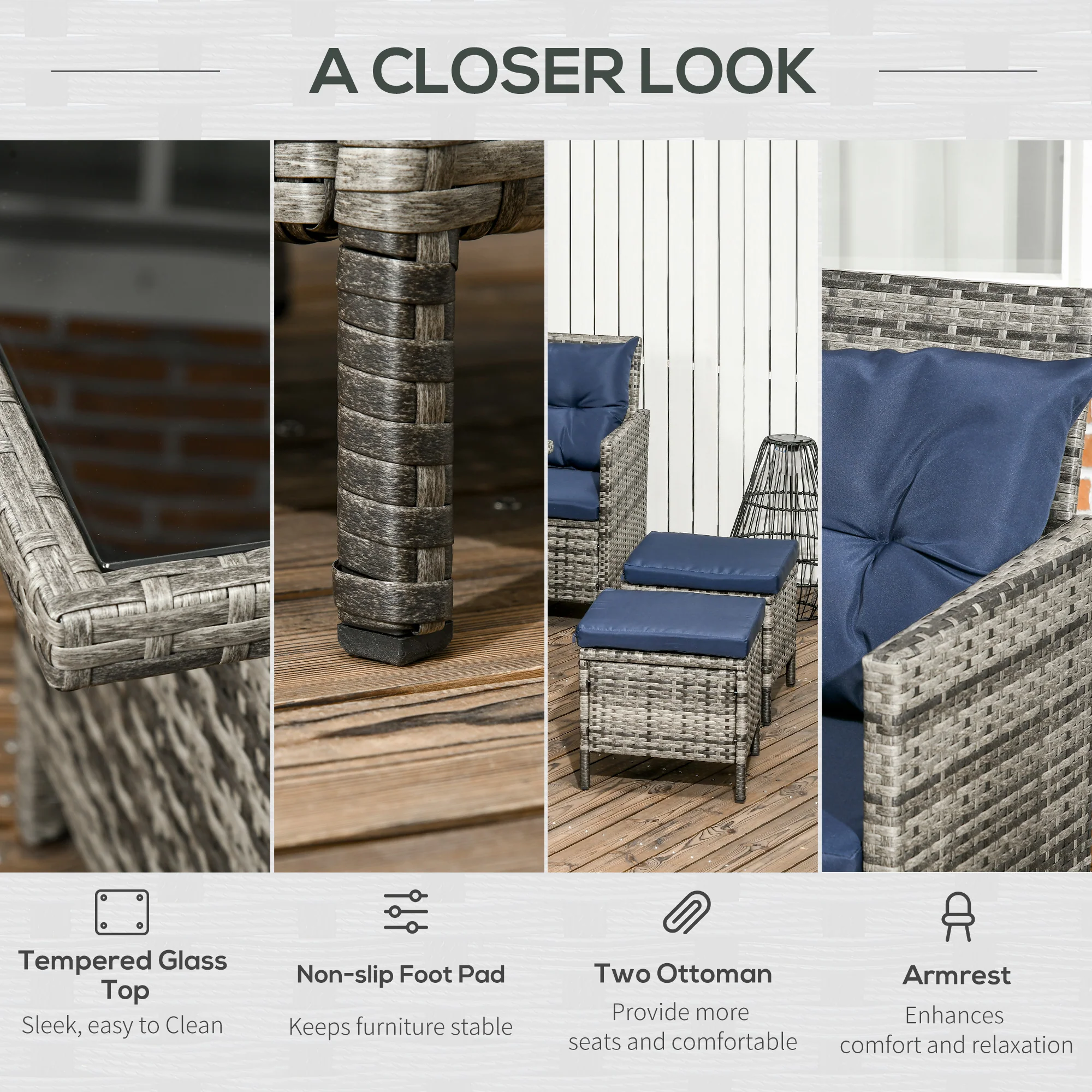 6 Pieces PE Rattan Corner Sofa Set with Loveseats, Footstools & Glass Coffee Table, Dark Blue - Image 8