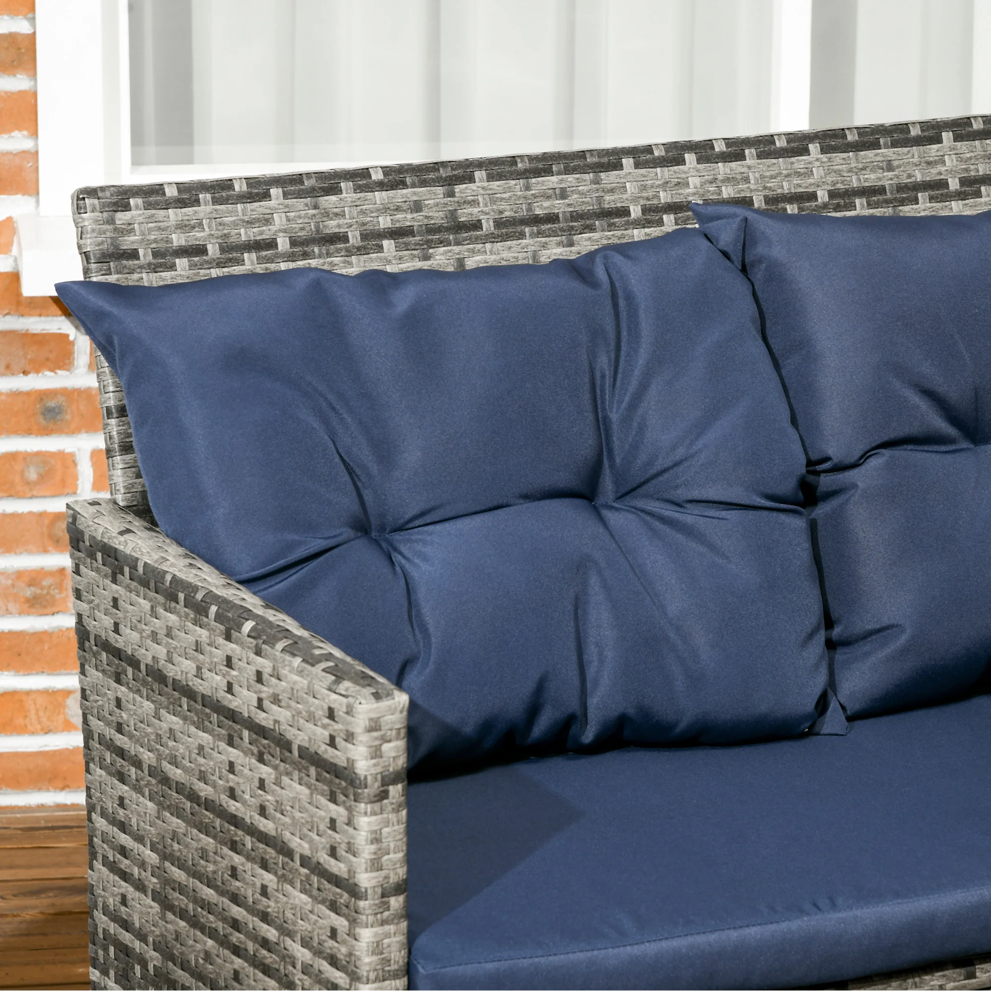 6 Pieces PE Rattan Corner Sofa Set with Loveseats, Footstools & Glass Coffee Table, Dark Blue - Image 9