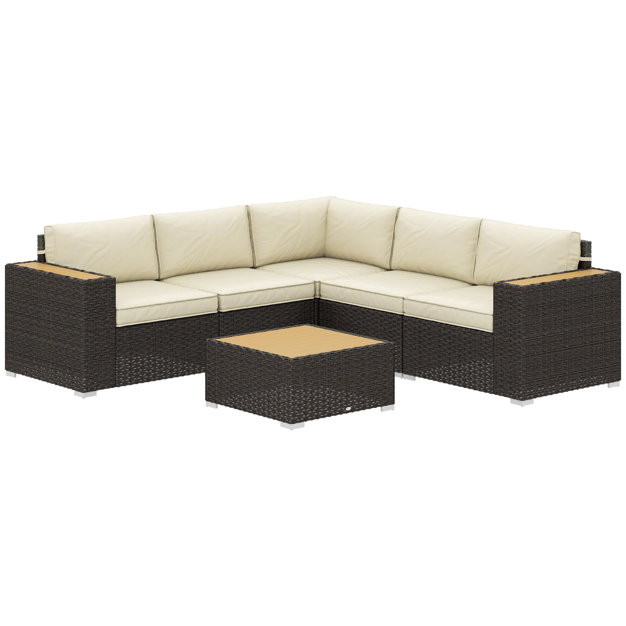 6-Piece Rattan Patio Sectional with Wood Corner Sofa & Coffee Table, Light Khaki
