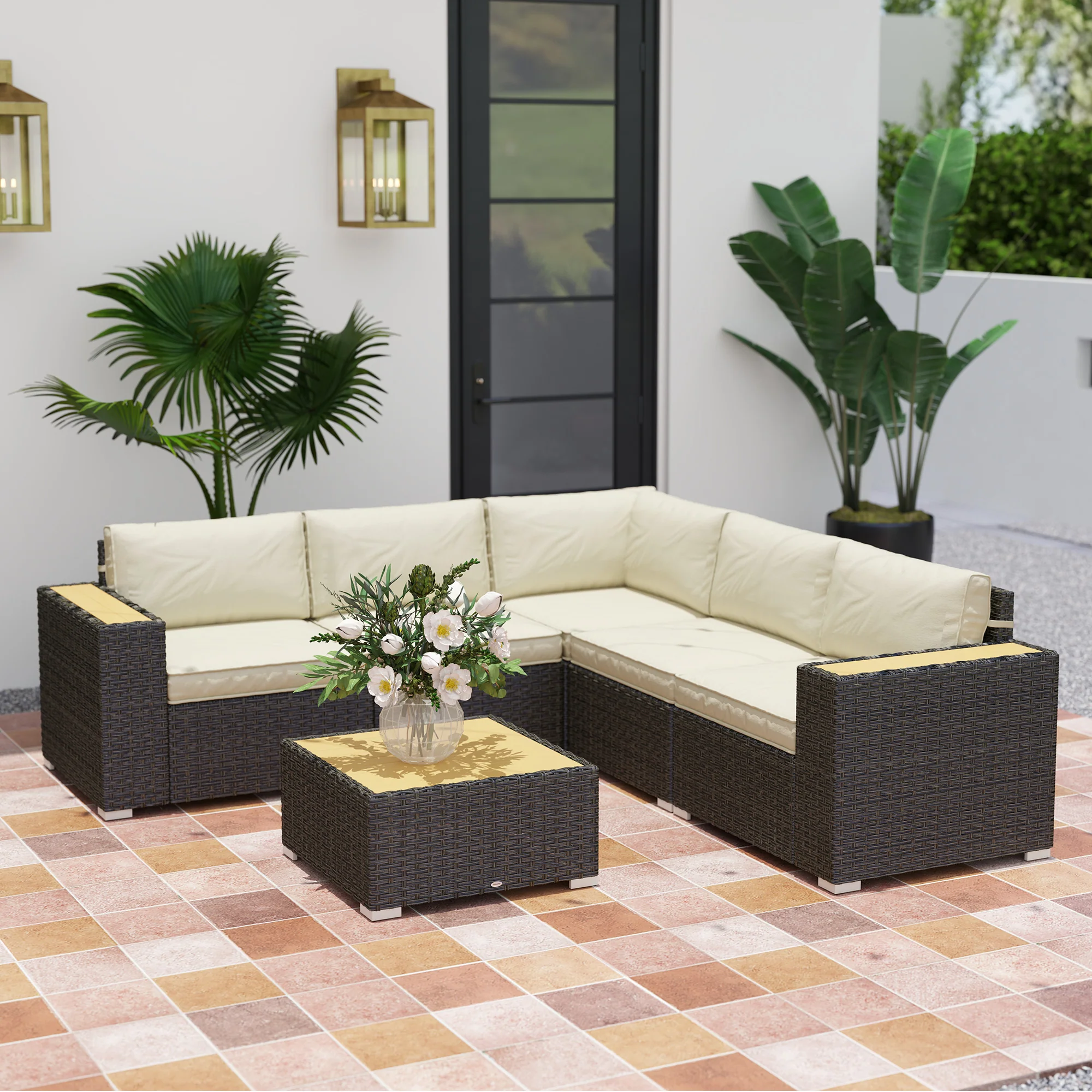 6-Piece Rattan Patio Sectional with Wood Corner Sofa & Coffee Table, Light Khaki - Image 3