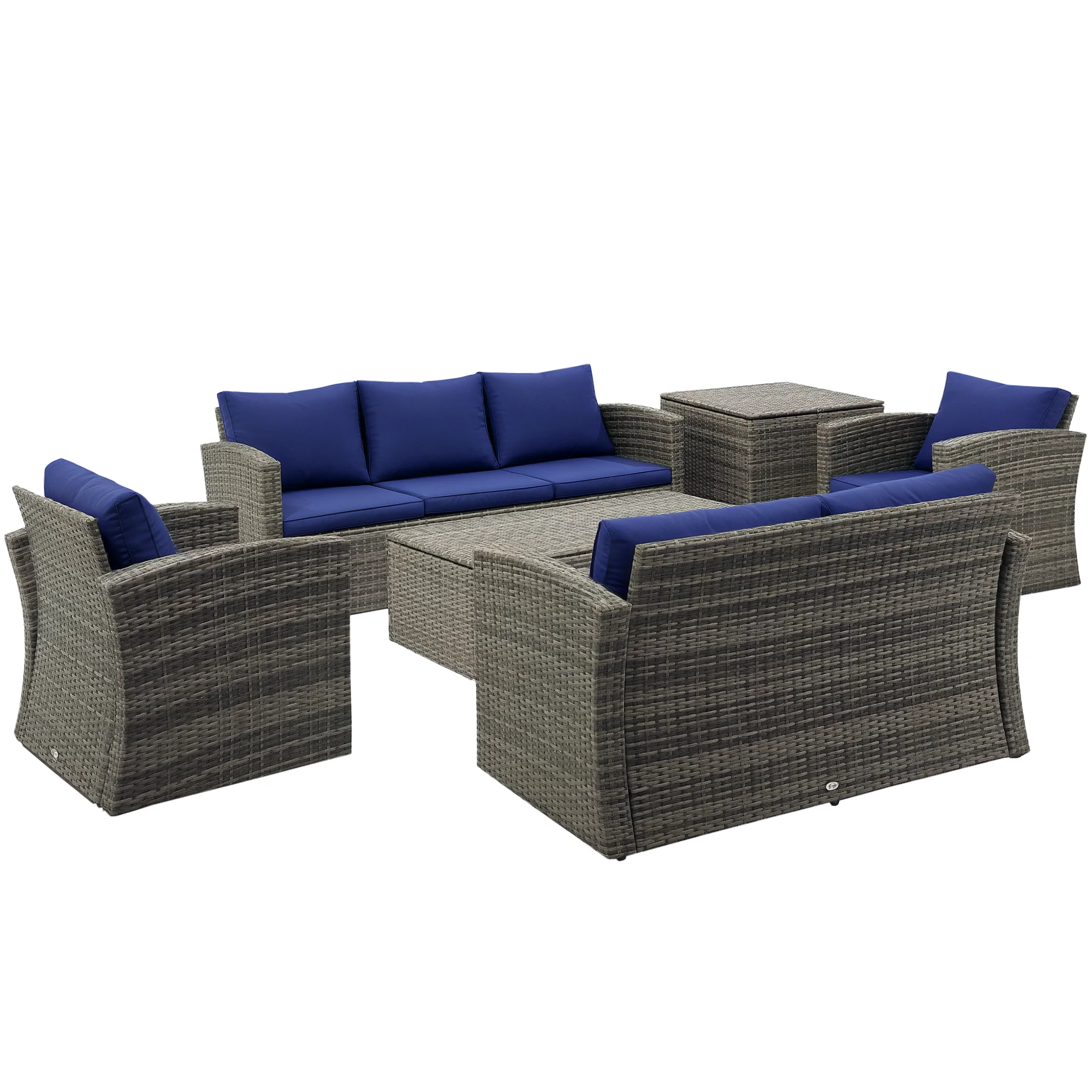 6-Piece 7-Seater Wicker Patio Rattan Sofa Set with Storage Table, Navy Blue