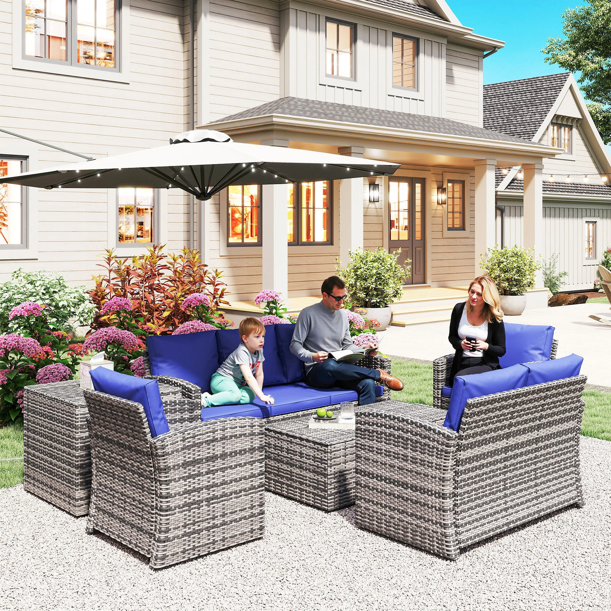 6-Piece 7-Seater Wicker Patio Rattan Sofa Set with Storage Table, Navy Blue - Image 10