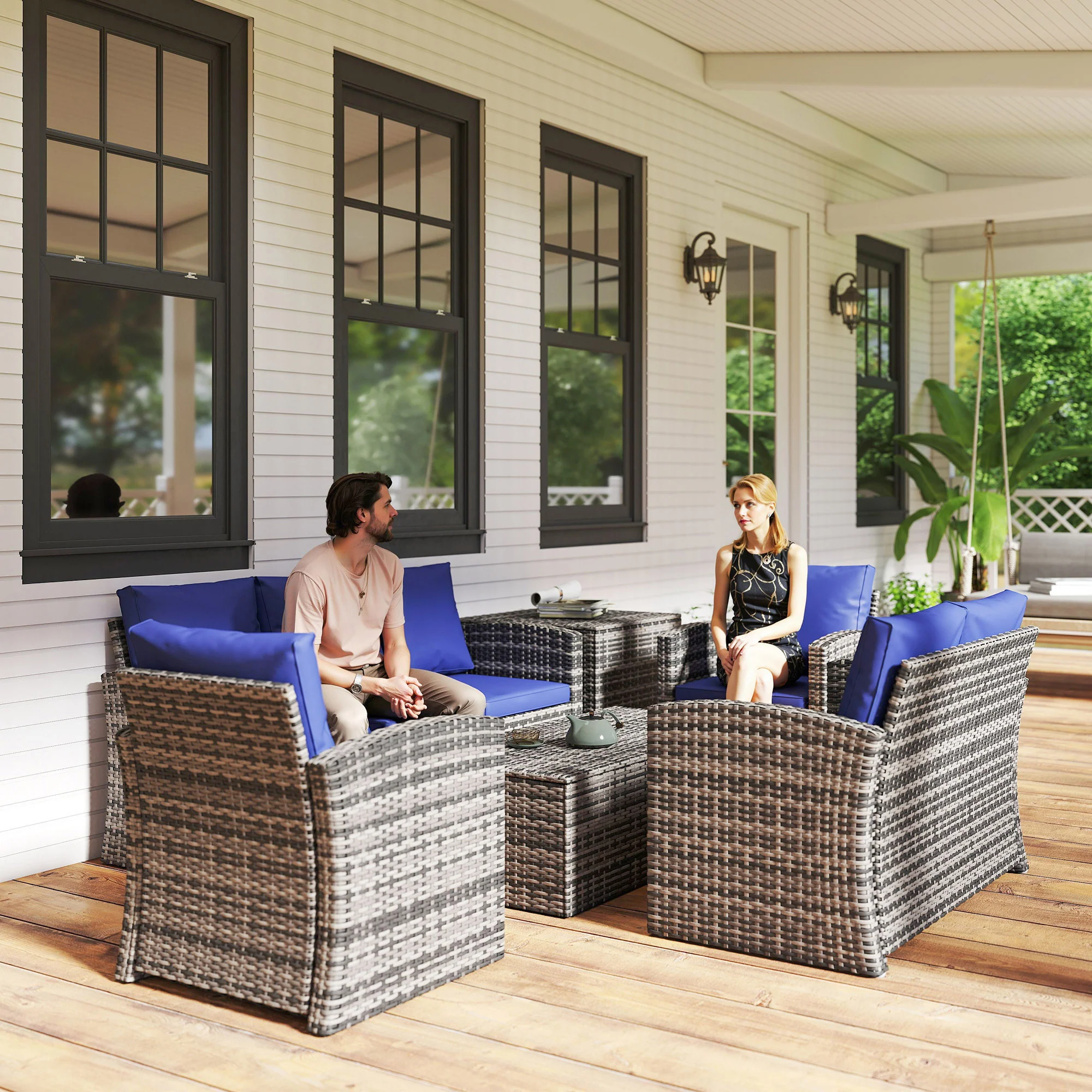 6-Piece 7-Seater Wicker Patio Rattan Sofa Set with Storage Table, Navy Blue - Image 11