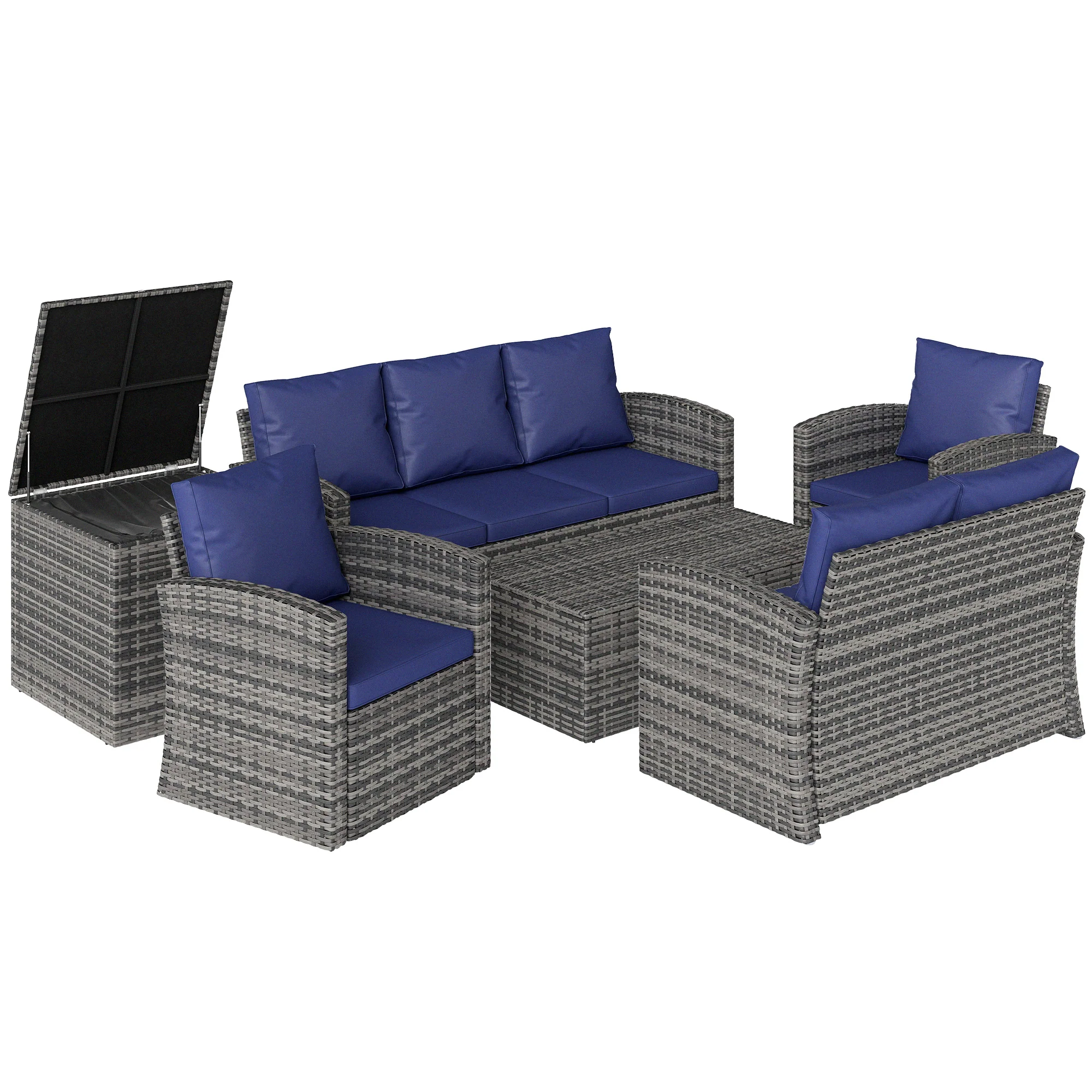 6-Piece 7-Seater Wicker Patio Rattan Sofa Set with Storage Table, Navy Blue - Image 12