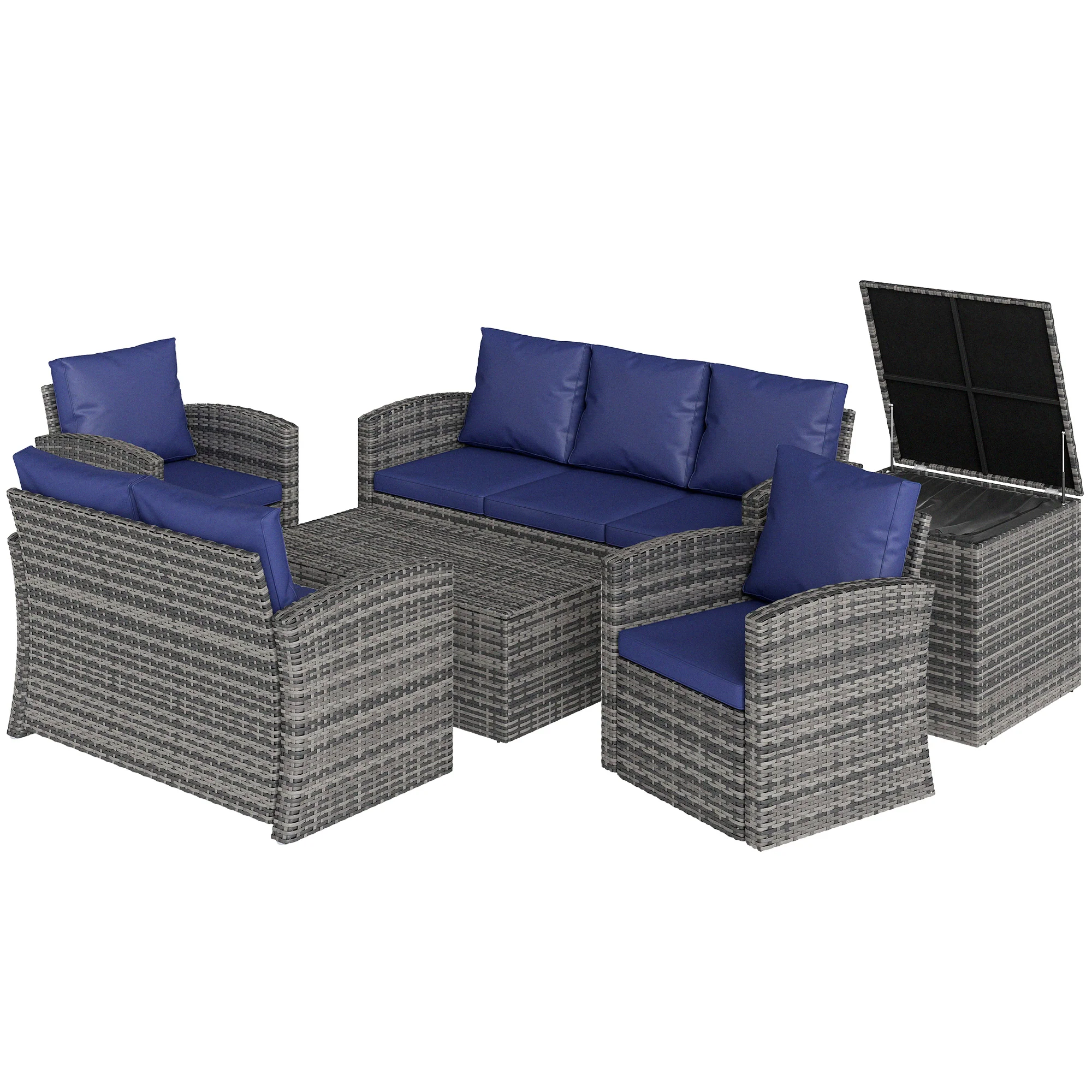 6-Piece 7-Seater Wicker Patio Rattan Sofa Set with Storage Table, Navy Blue - Image 2