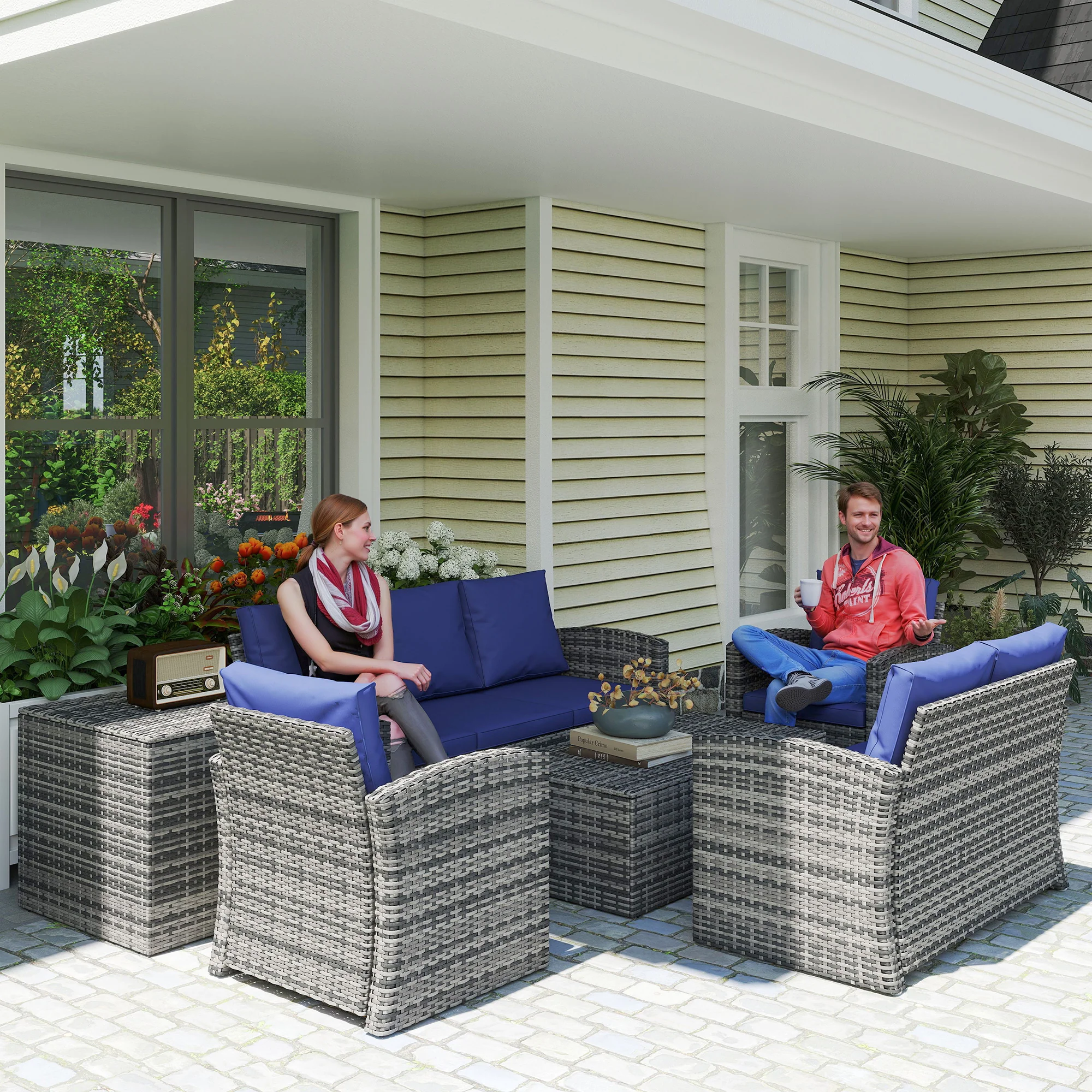6-Piece 7-Seater Wicker Patio Rattan Sofa Set with Storage Table, Navy Blue - Image 3