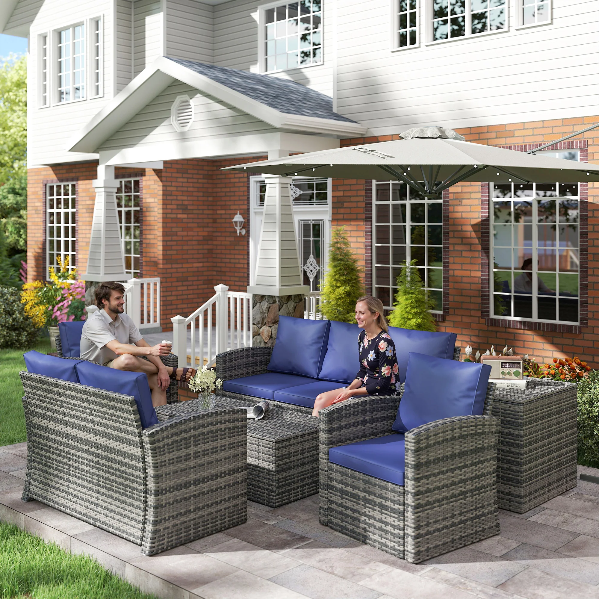 6-Piece 7-Seater Wicker Patio Rattan Sofa Set with Storage Table, Navy Blue - Image 4