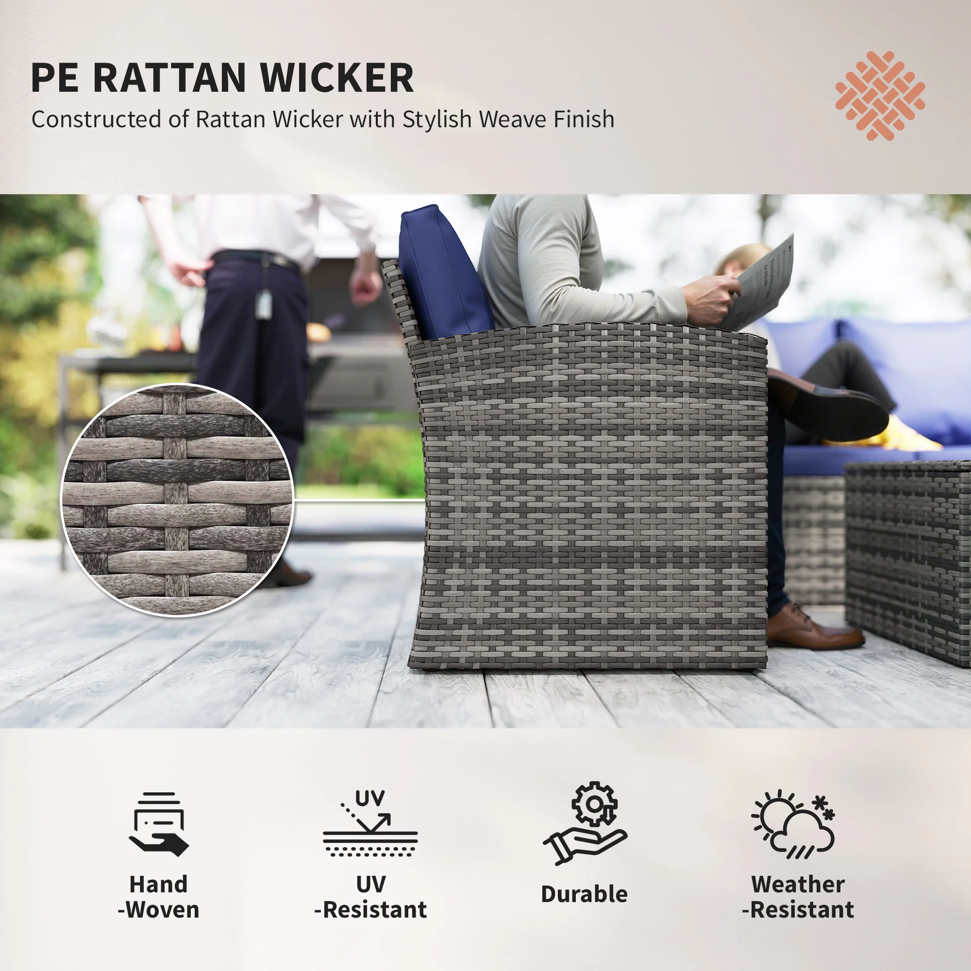 6-Piece 7-Seater Wicker Patio Rattan Sofa Set with Storage Table, Navy Blue - Image 6