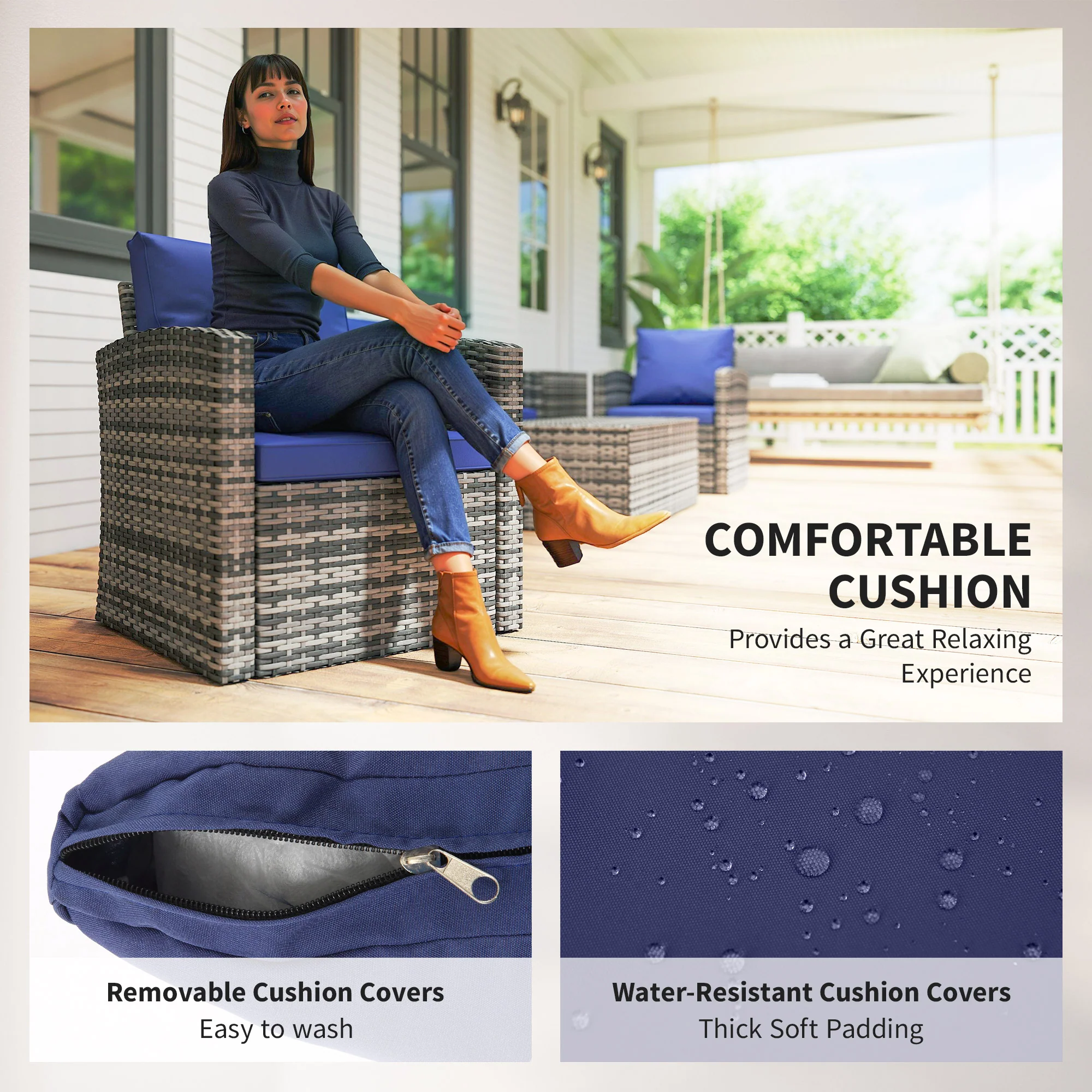 6-Piece 7-Seater Wicker Patio Rattan Sofa Set with Storage Table, Navy Blue - Image 7