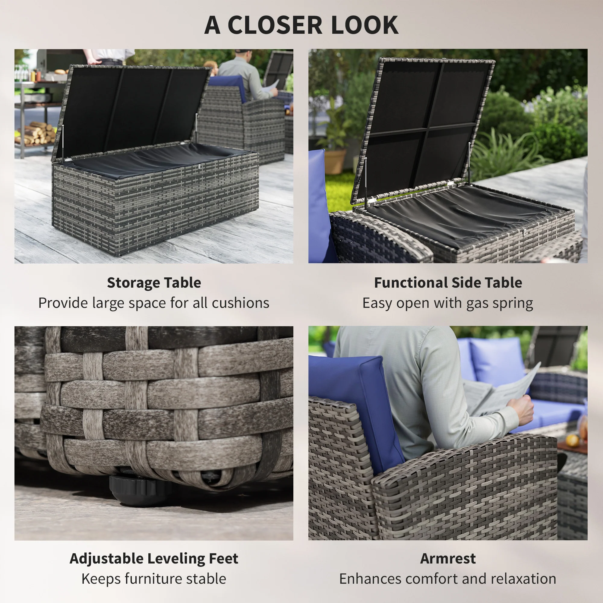 6-Piece 7-Seater Wicker Patio Rattan Sofa Set with Storage Table, Navy Blue - Image 8