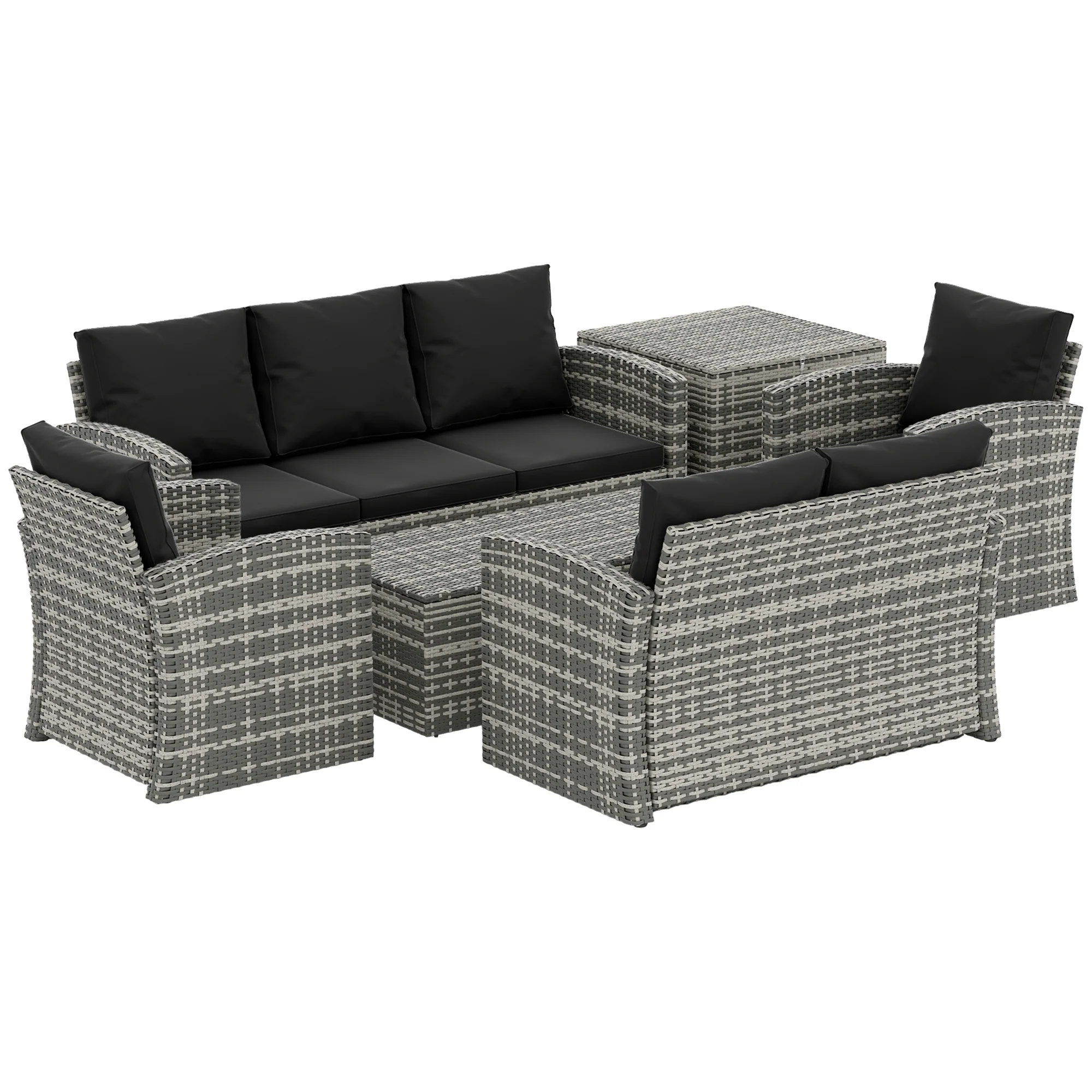 7-Seater Wicker Patio Sofa Set with Storage Coffee Table and Cushions, Black